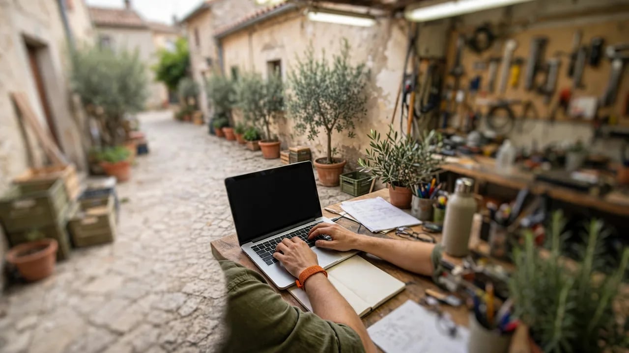 A person using a laptop on a wooden table outdoors in a rustic alleyway with plants and tools in the background.