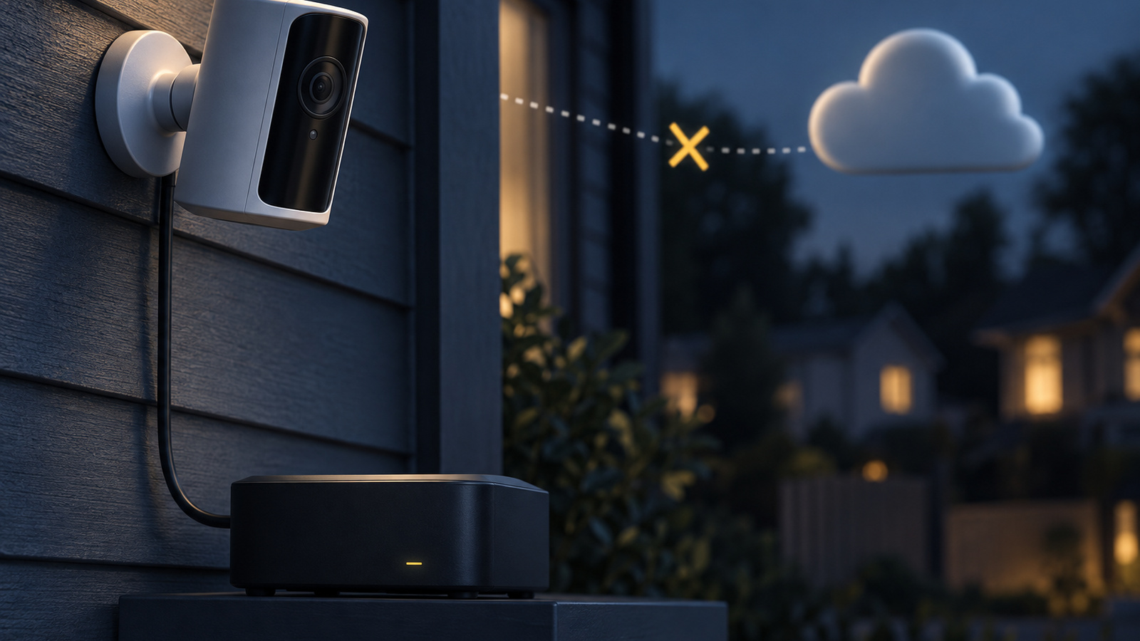 A security camera storing footage on a local drive while a distant cloud icon sits disconnected
