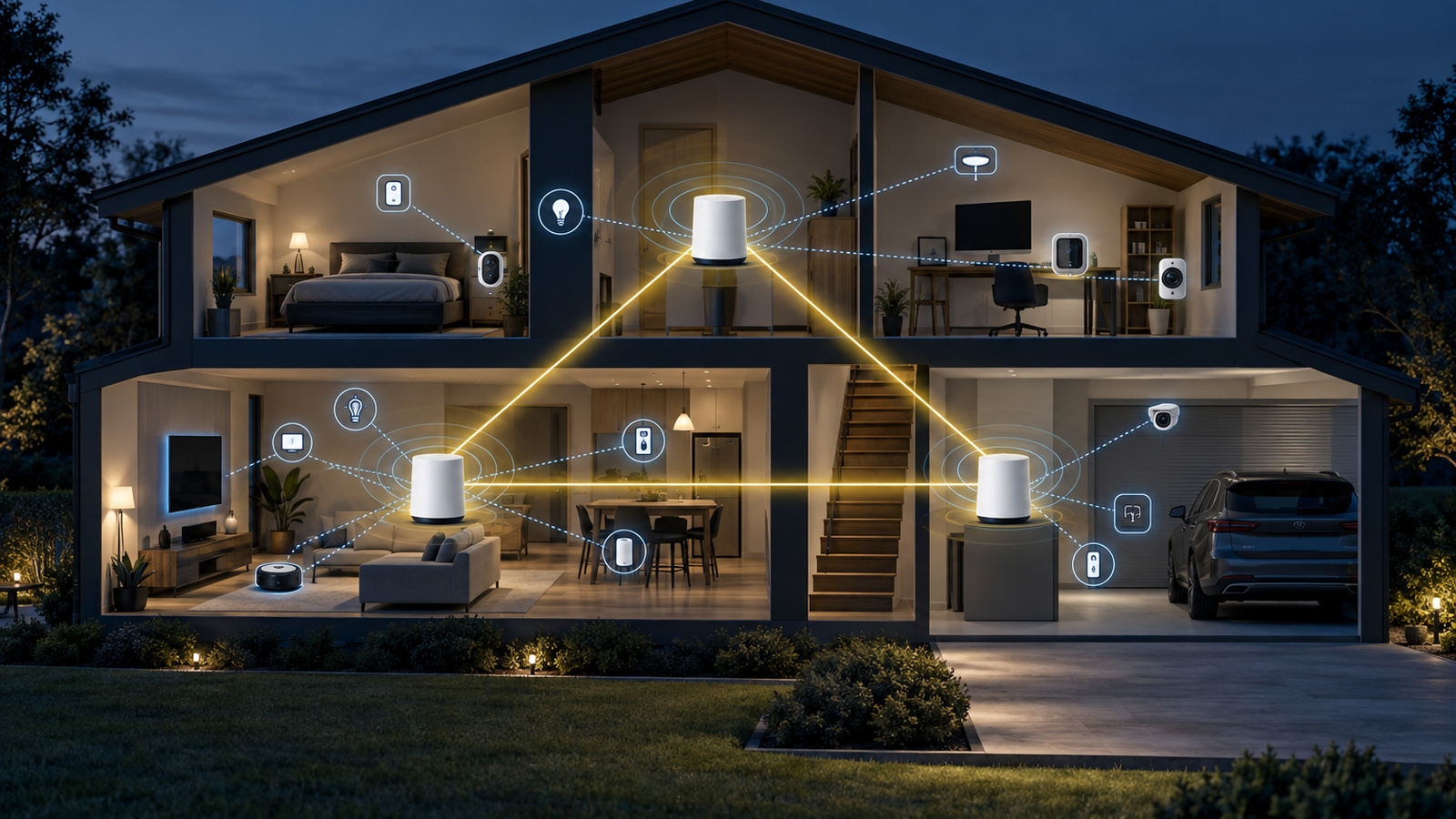 Cutaway house showing three mesh nodes linked by backhaul beams and many small smart devices connected to them