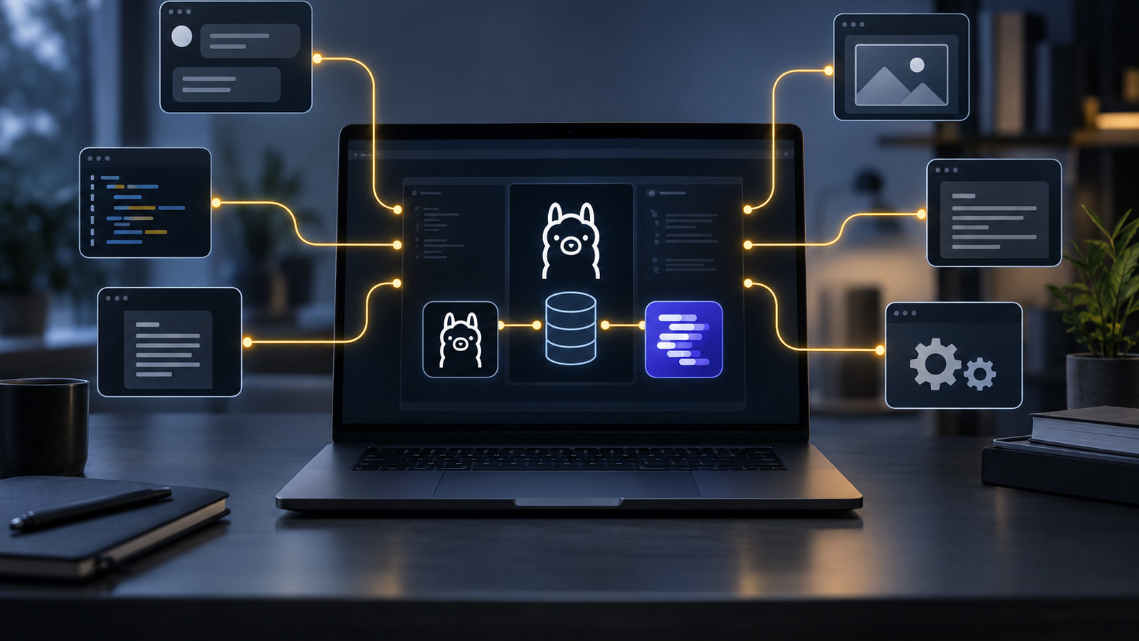 A laptop connected by glowing lines to several apps, showing how local apps talk to the model's API