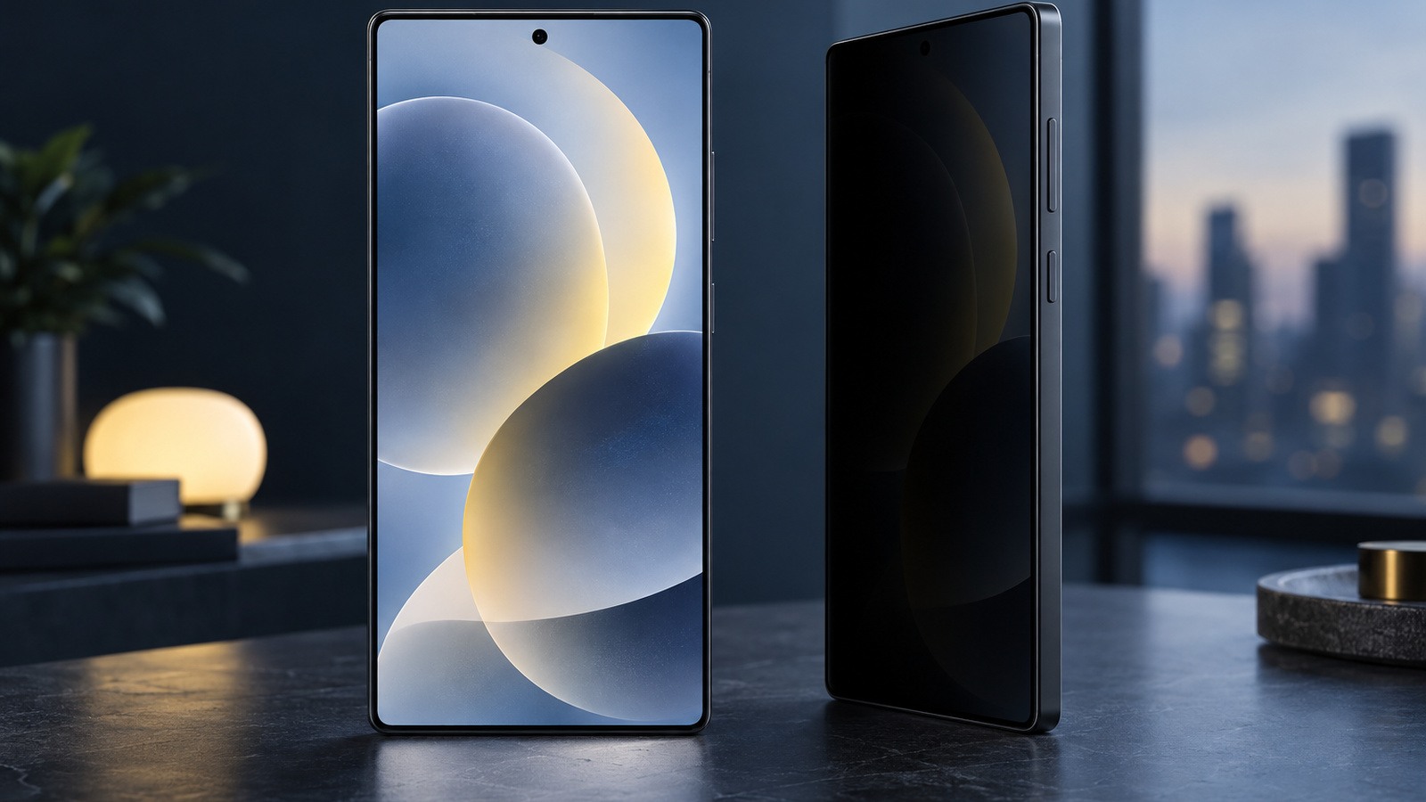 Two views of a smartphone showing a bright screen head-on and a dark screen from a side angle, illustrating a privacy display