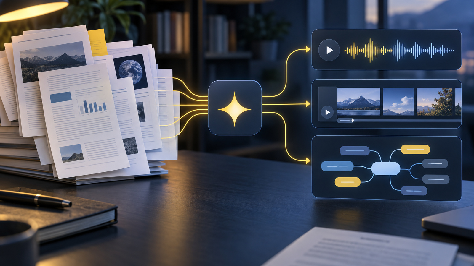Documents turning into an audio waveform, video strip and mind map, illustrating Gemini Notebook's Studio outputs