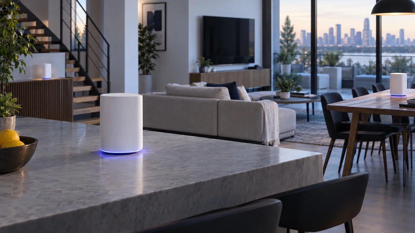 Three white mesh Wi-Fi nodes placed through a bright open-plan loft, each with a soft blue-violet status glow