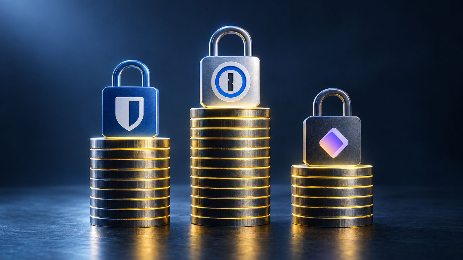 Three stacks of glowing coins of different heights, each topped with a padlock