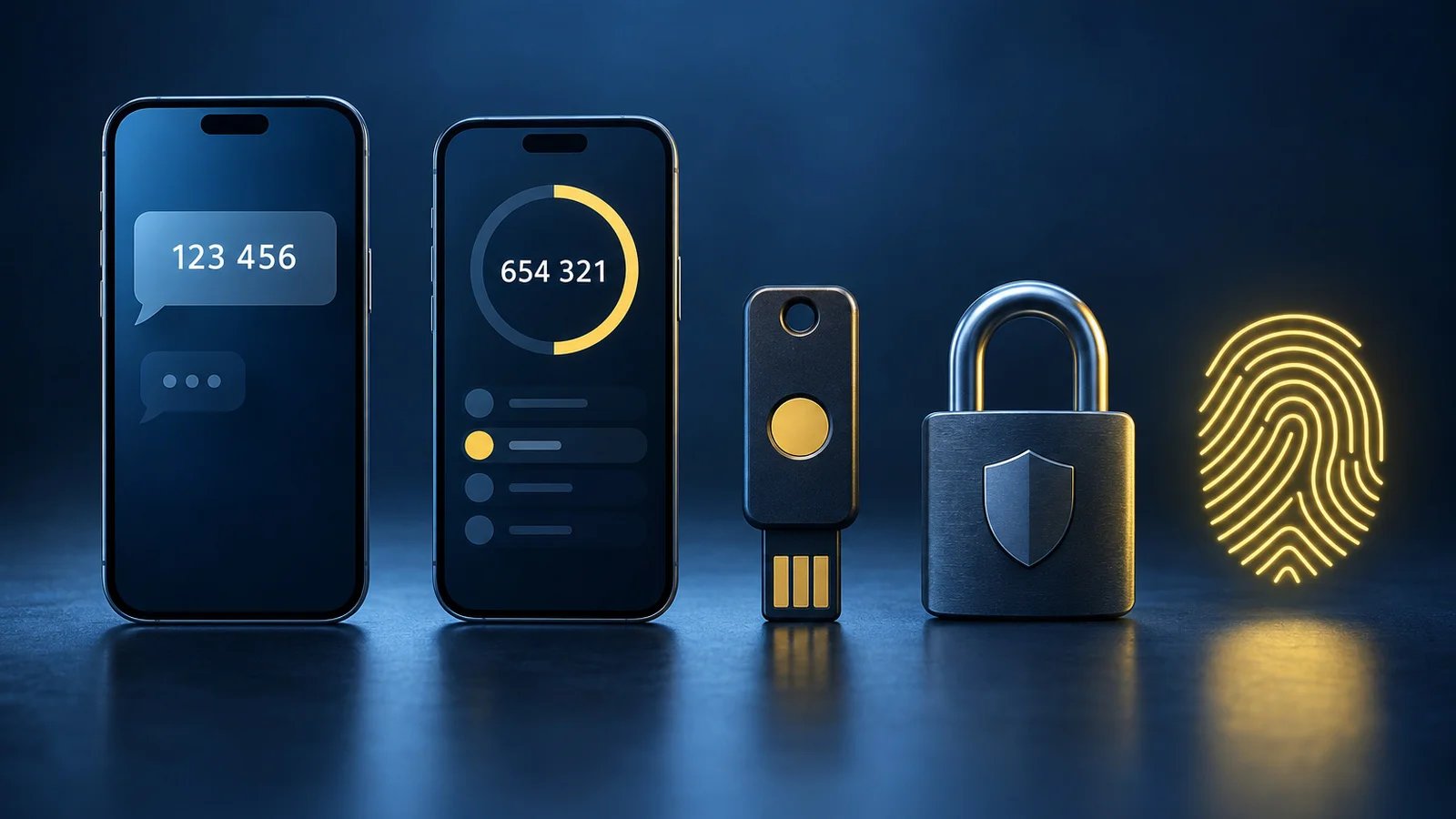 A smartphone, a small hardware security key, a padlock and a glowing fingerprint floating in a row against a dark blue background