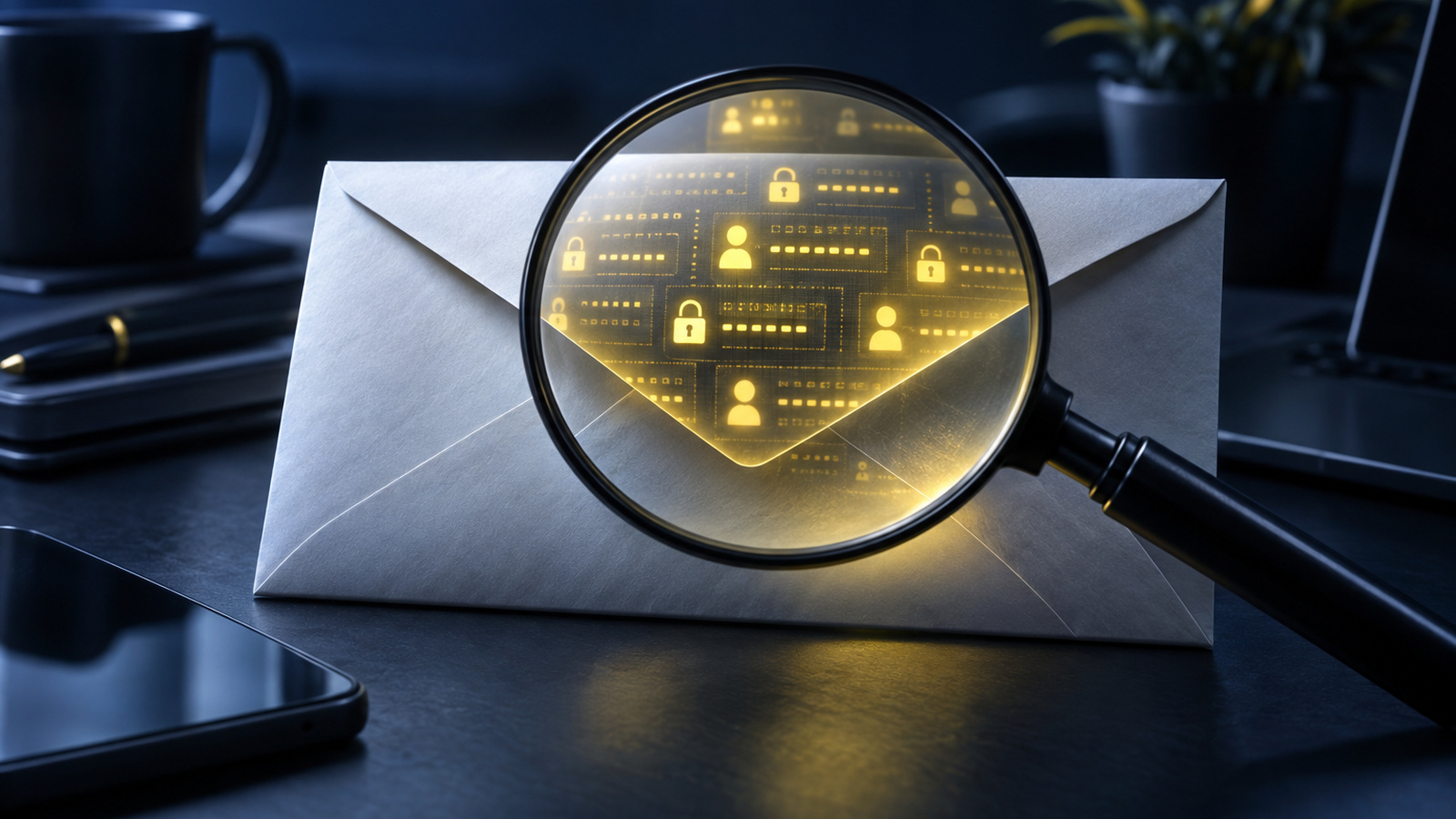 A magnifying lens scanning an envelope, revealing glowing traces beneath it