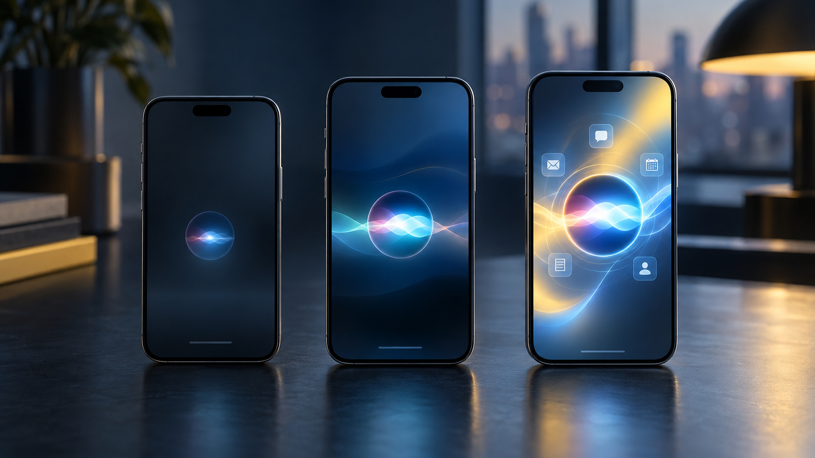 Three phones with progressively brighter glowing screens, representing the three Siri AI feature tiers