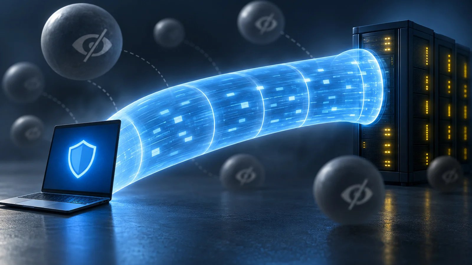 A glowing blue tunnel of light arcing from a small laptop to a distant server block, with blurred grey orbs outside unable to see in