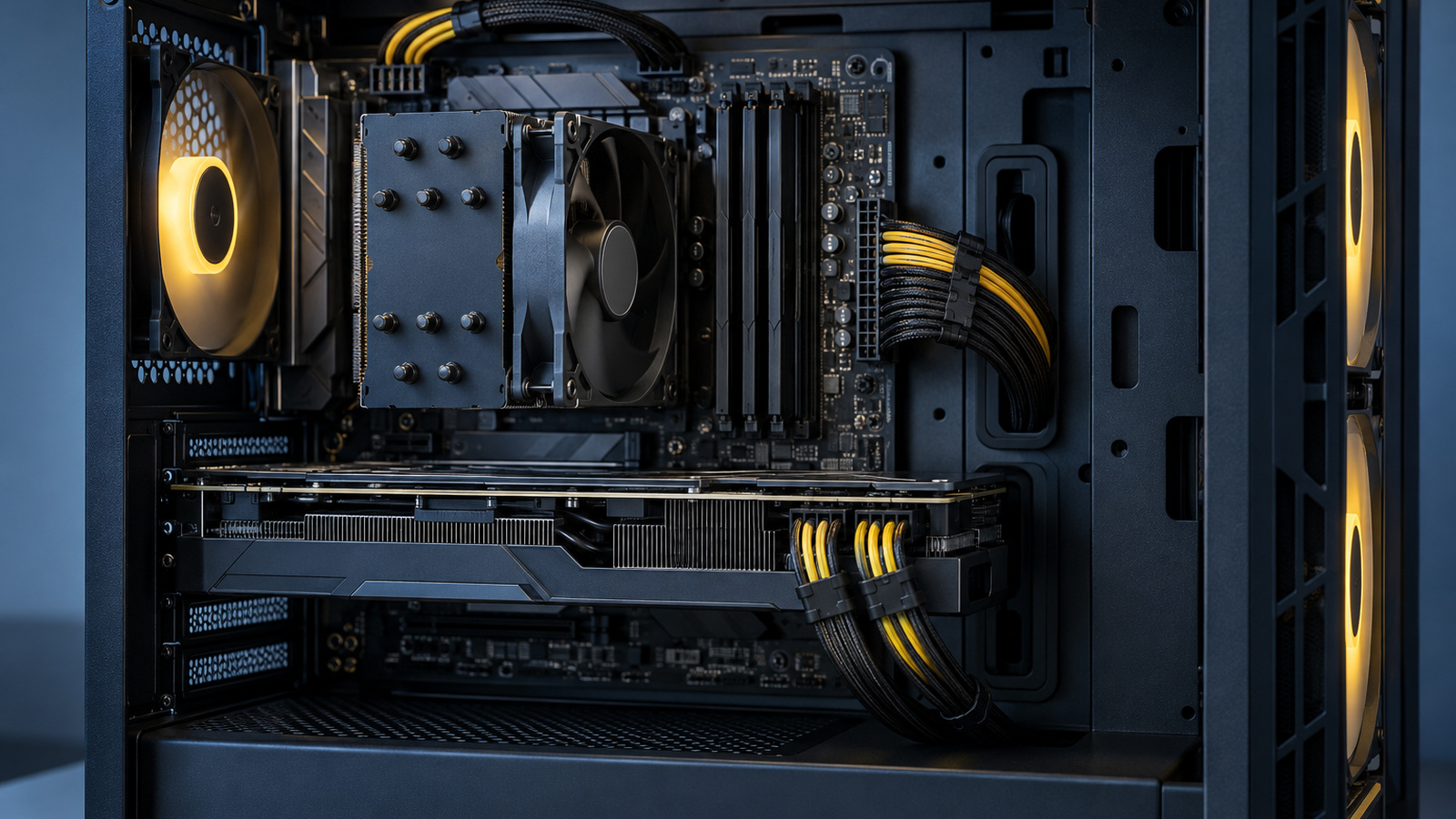 Inside of a PC case showing the 24-pin, CPU power and graphics card cables neatly connected