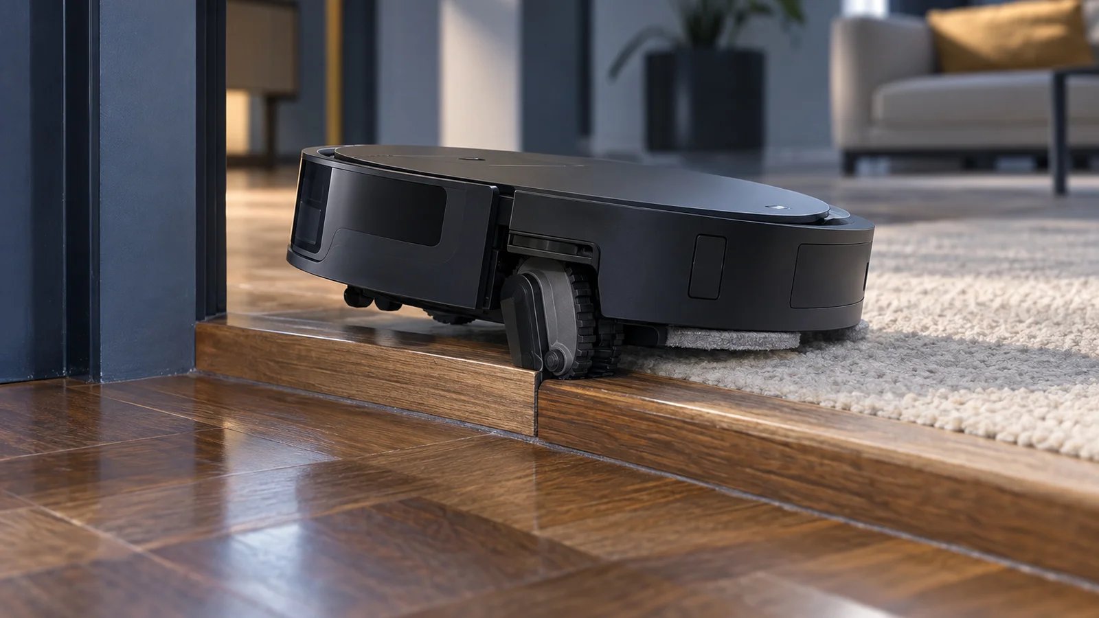 A low-profile black robot vacuum lifting itself over a wooden door threshold between parquet and a pale rug