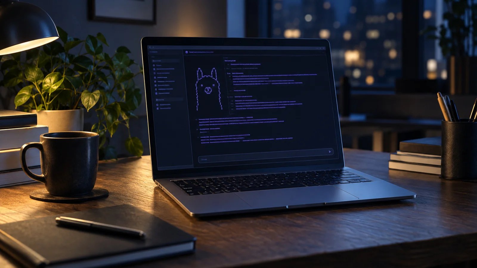 A slim laptop on a wooden desk at night, its screen showing a dark terminal-like interface with soft violet glowing lines