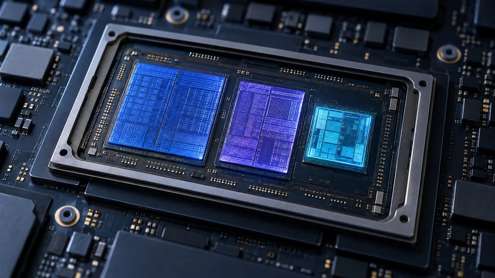 A laptop processor package seen from above with its lid removed, revealing three silicon regions glowing in different shades of blue and violet