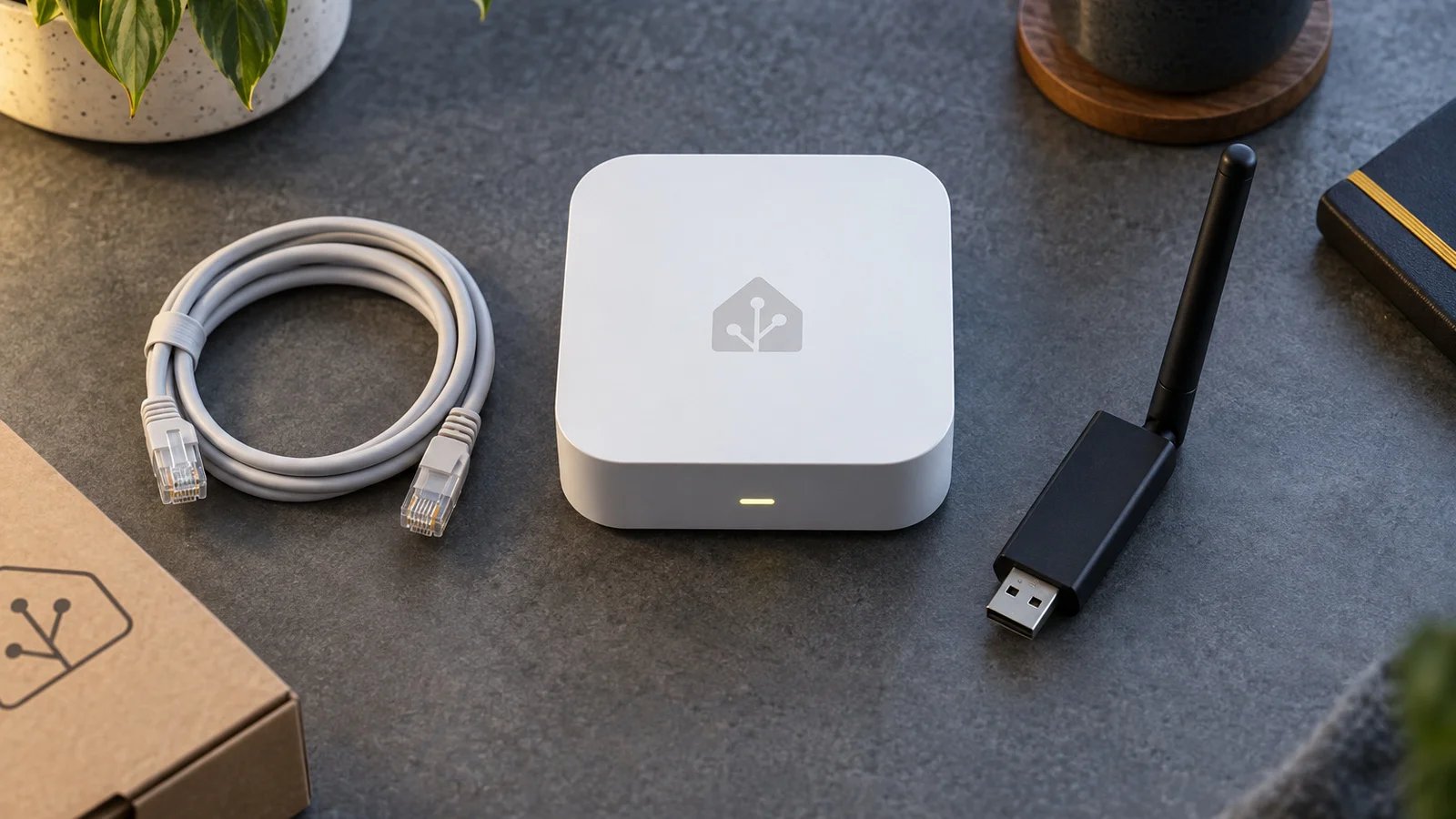 Overhead view of a small white smart home hub, a coiled Ethernet cable and a USB radio dongle on a gray desk