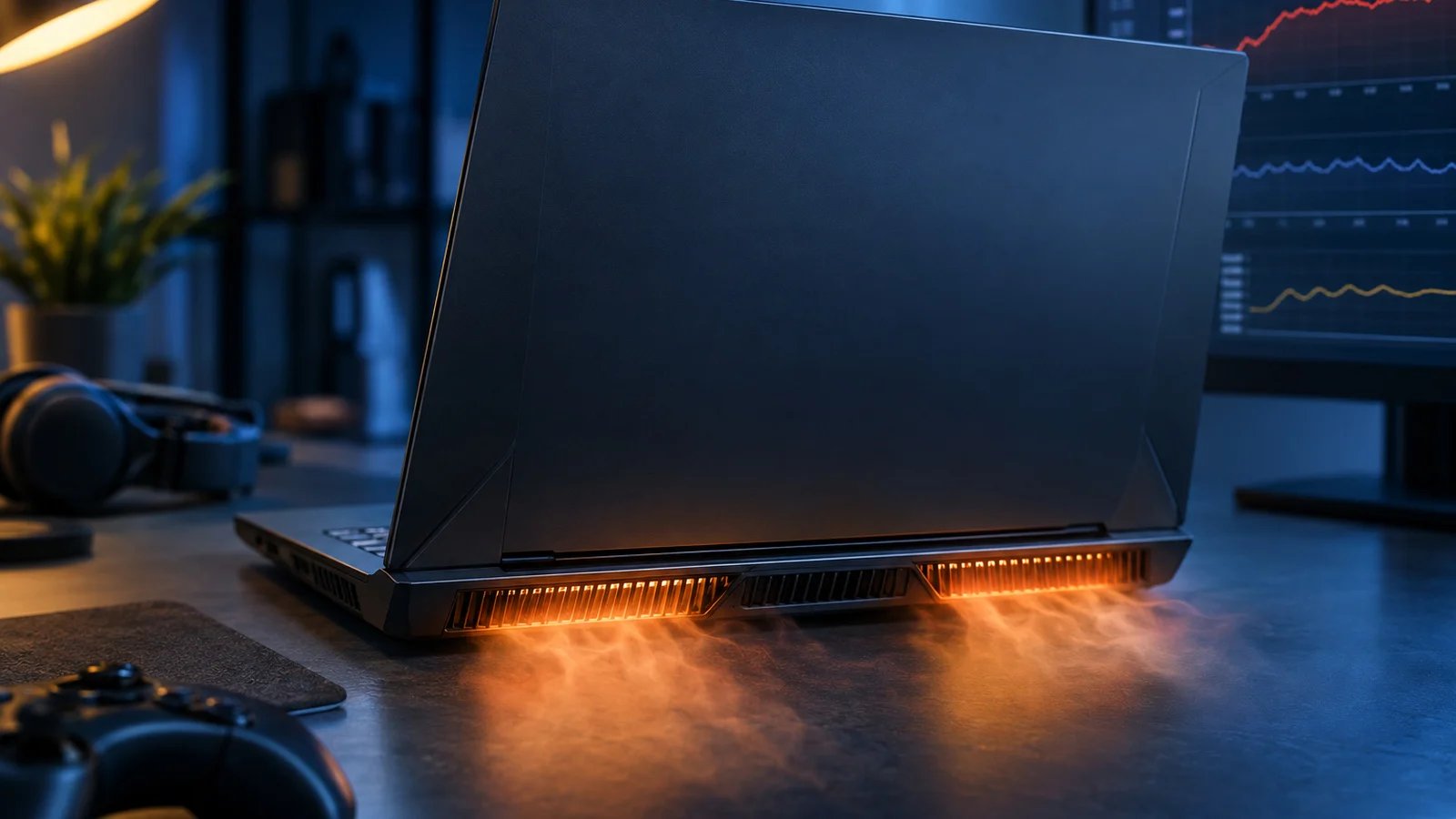 Rear view of a gaming laptop with a warm glow at its exhaust vents against cool blue lighting
