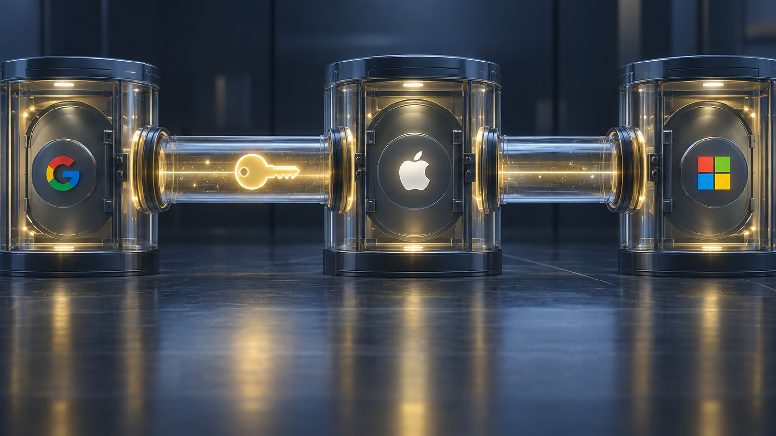 A glowing key moving through a sealed tube between two glass vaults