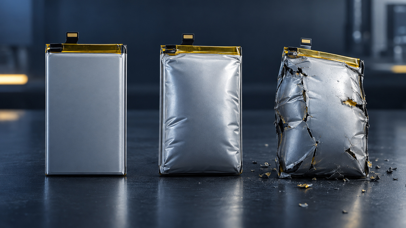Three battery cells showing progressive swelling and cracking
