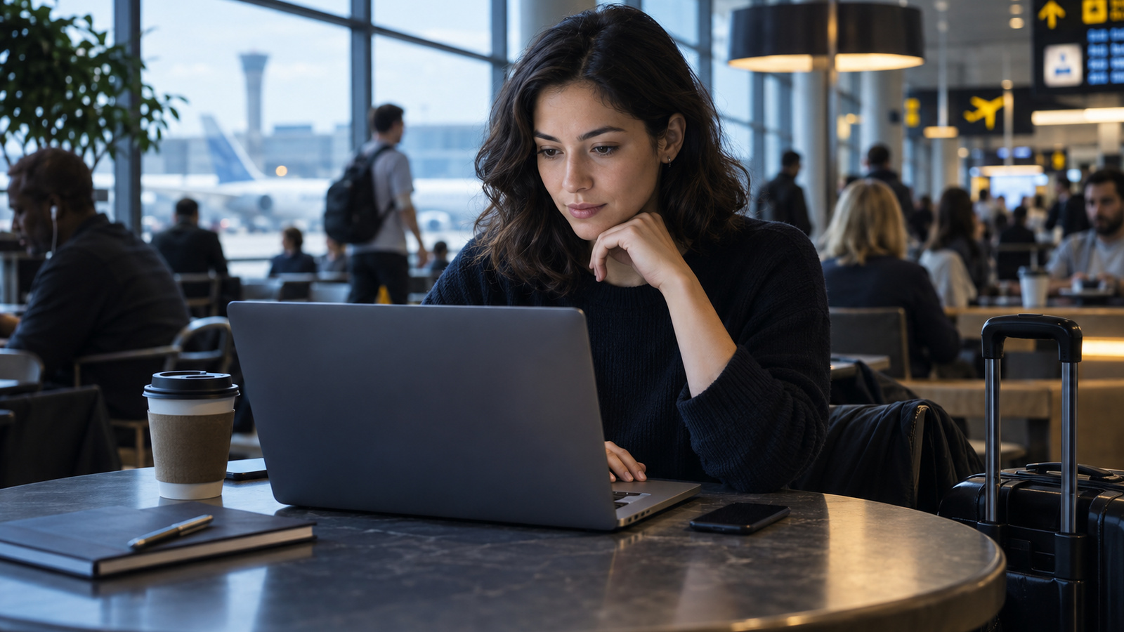 Person using a laptop in a crowded airport cafe