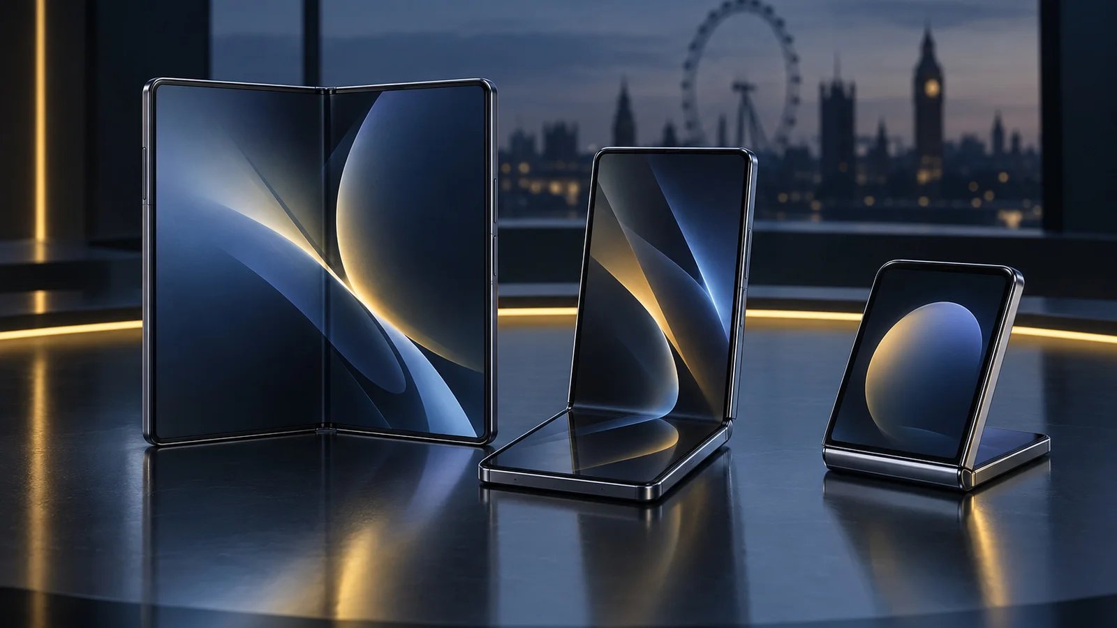 Three generic foldable phones on a dark reflective stage: a wide book-style foldable open flat, a slimmer one half-open, and a clamshell flip phone partly open