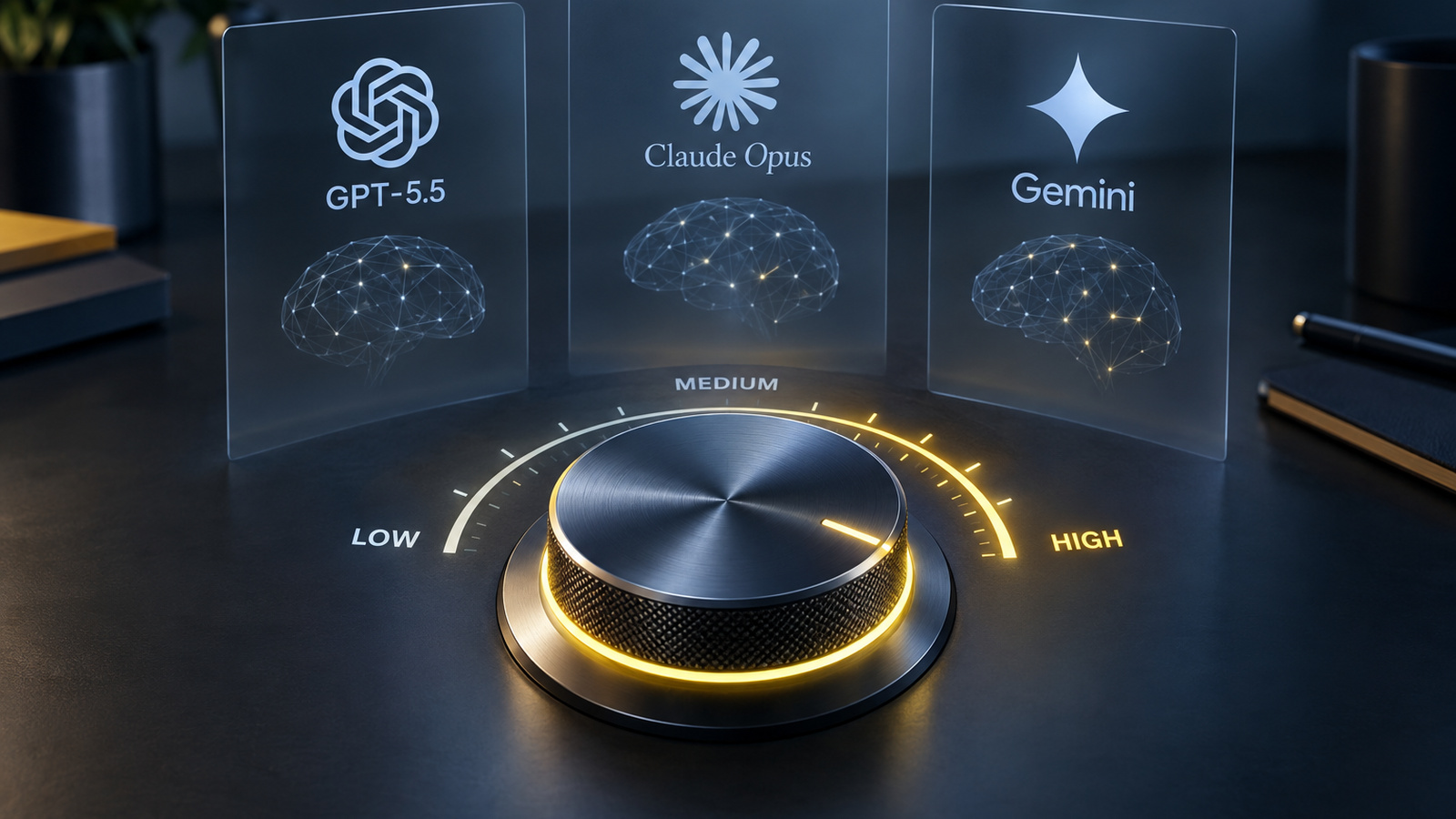 A rotary dial glowing brighter as it turns, representing a model's low, medium and high effort settings
