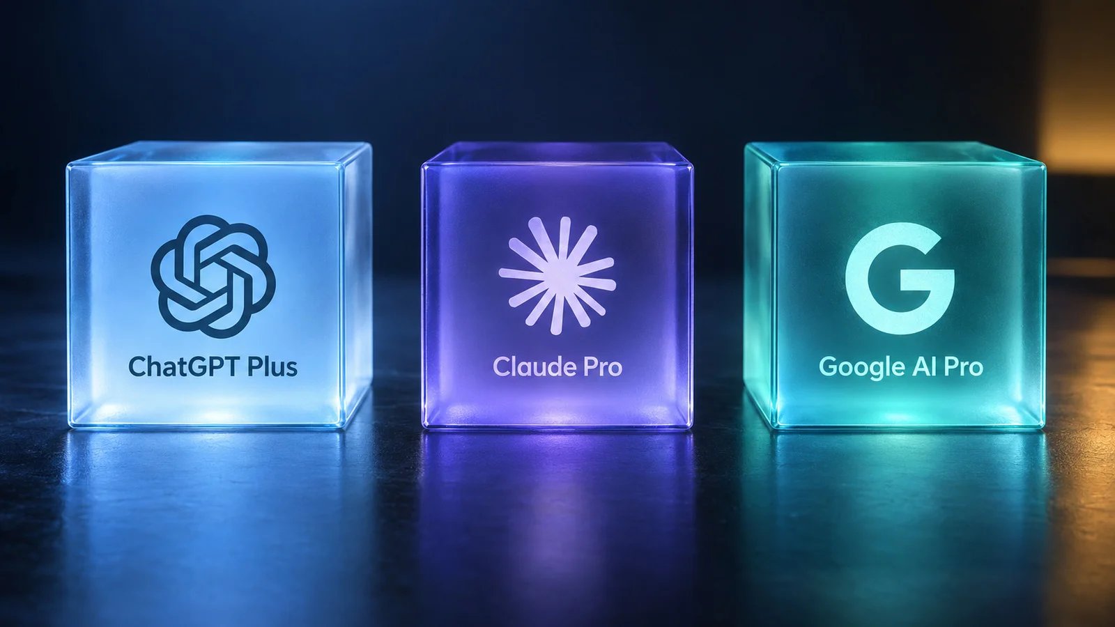 Three frosted-glass cubes lit from within in sky blue, deep violet and blue-teal, arranged on a dark studio surface