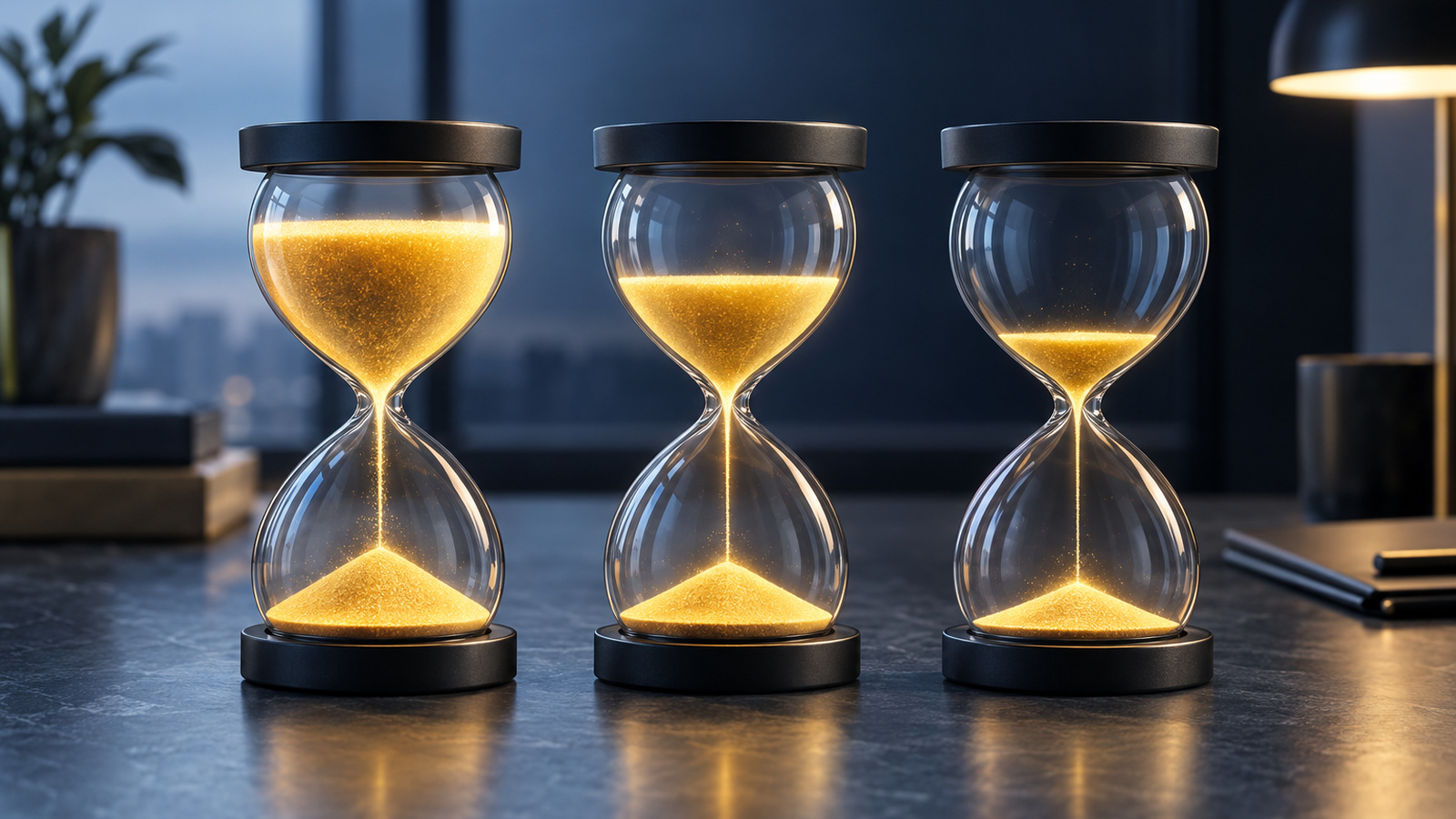 Three hourglasses with different amounts of glowing sand, representing the usage limits of each AI plan