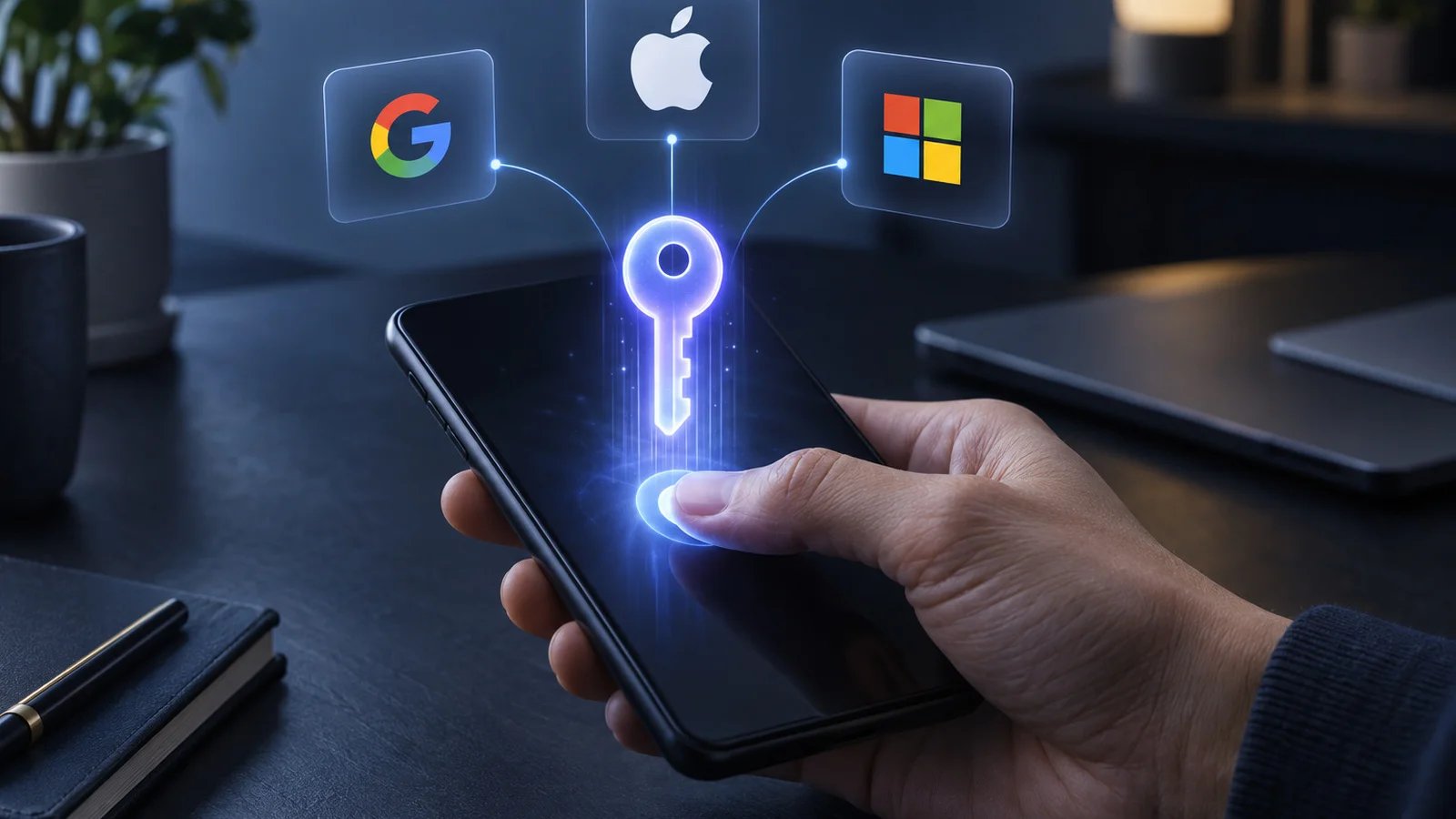 A thumb resting on a smartphone screen while a glowing key of blue-violet light rises from the display