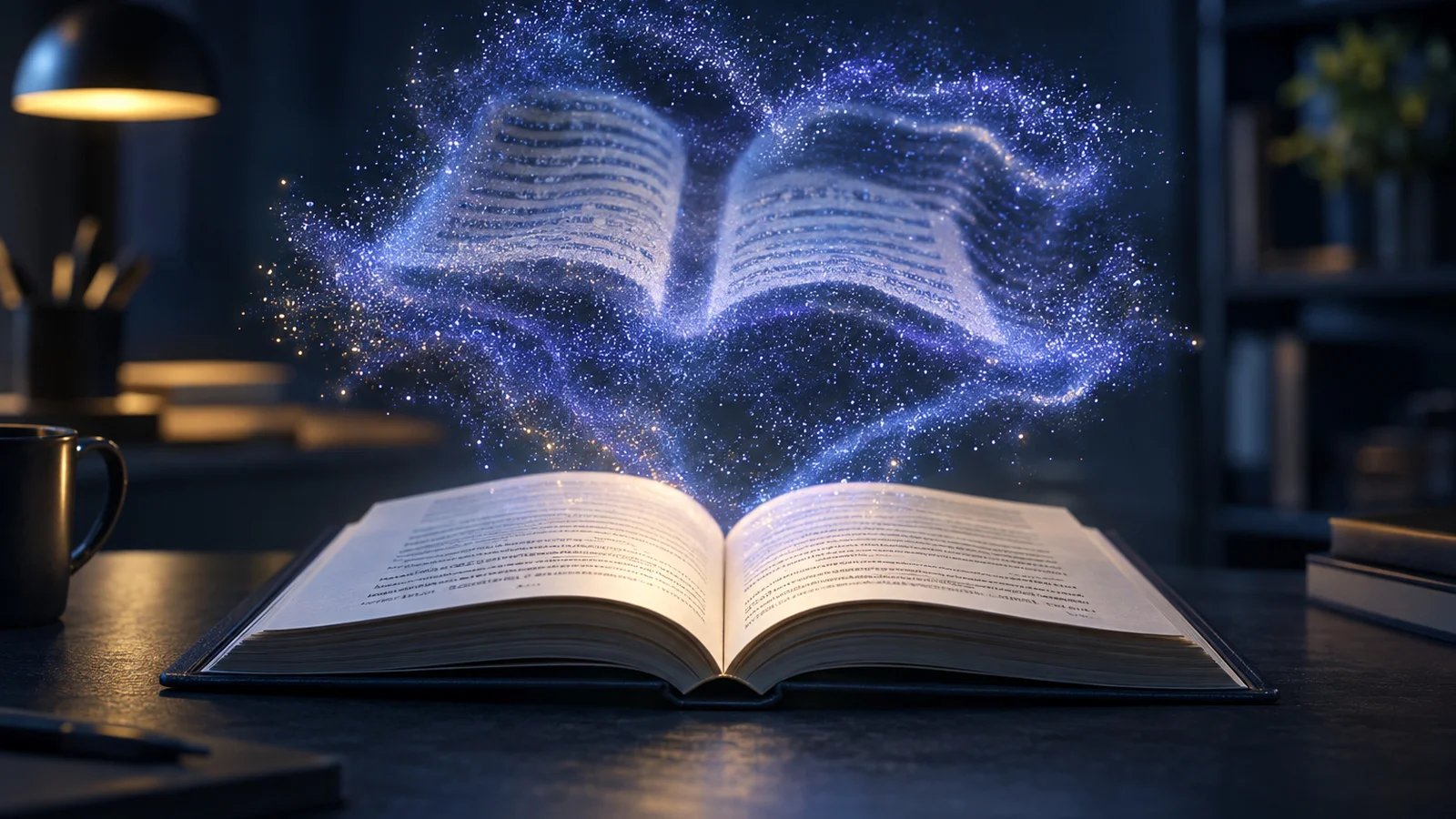 An open book on a dark table with a cloud of blue-violet light particles above it forming a distorted mirror image of the page