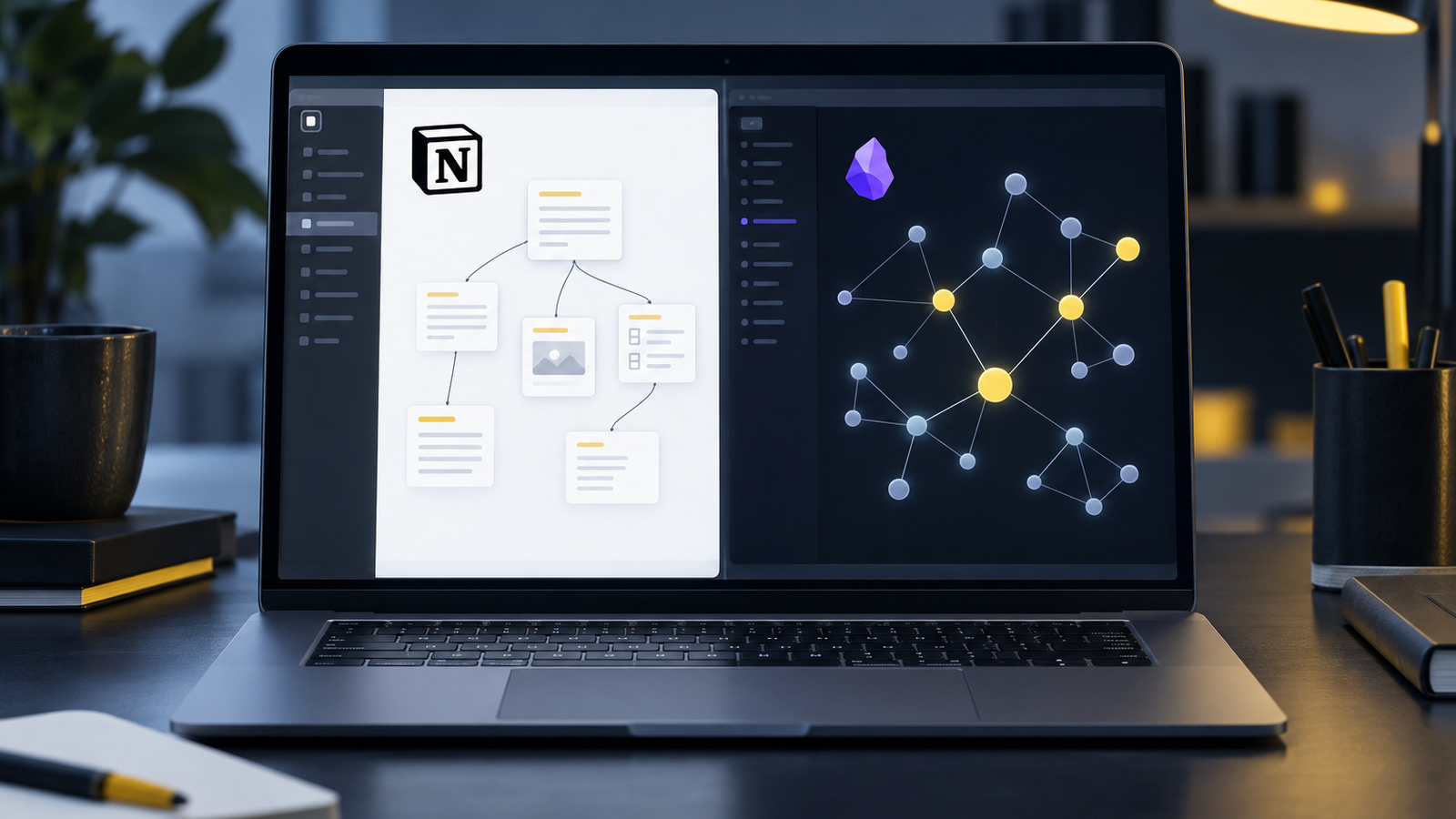Close-up of a screen displaying a glowing graph of connected note nodes