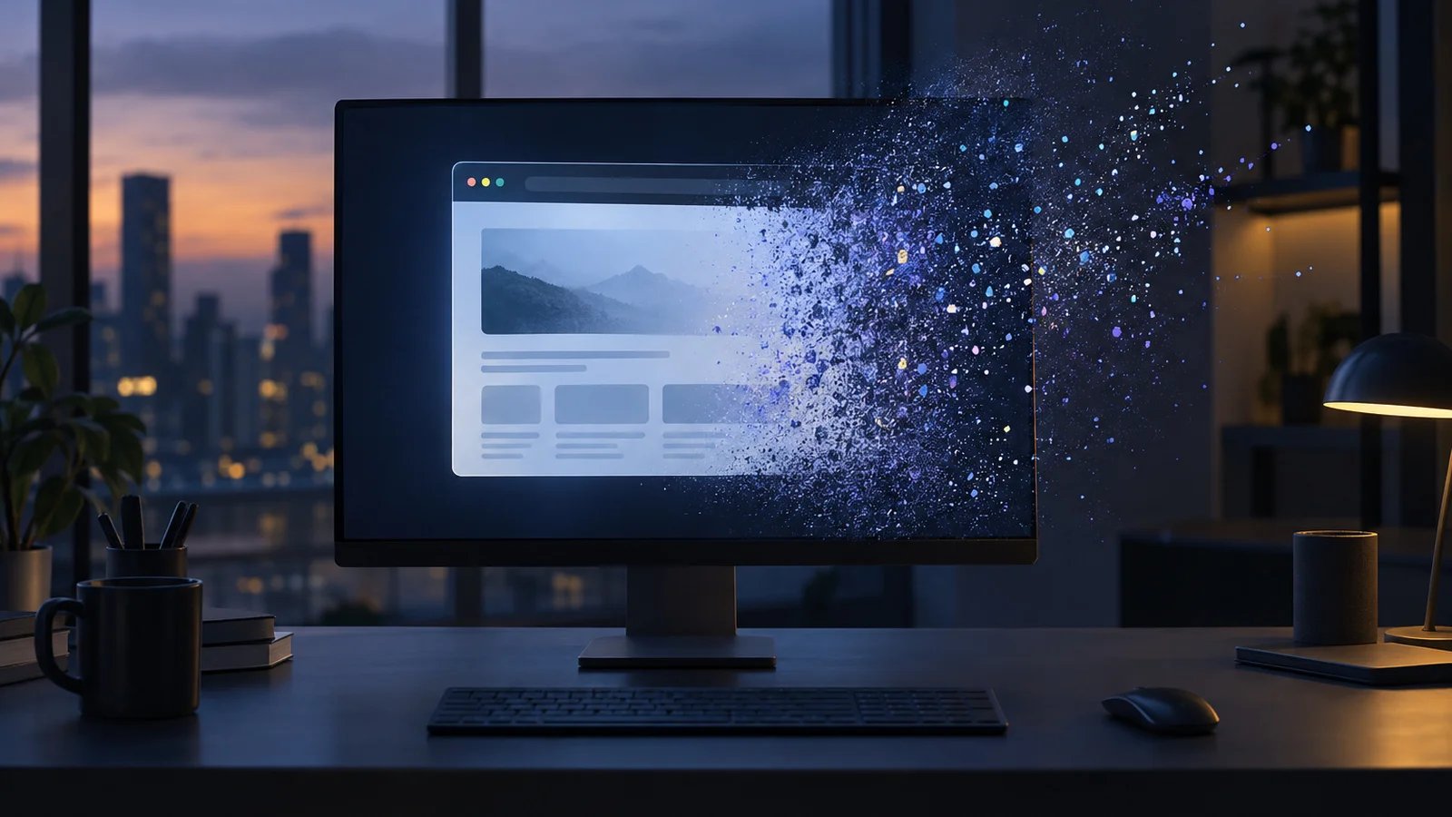 A desktop monitor at dusk showing an abstract browser window dissolving into drifting blue and violet particles