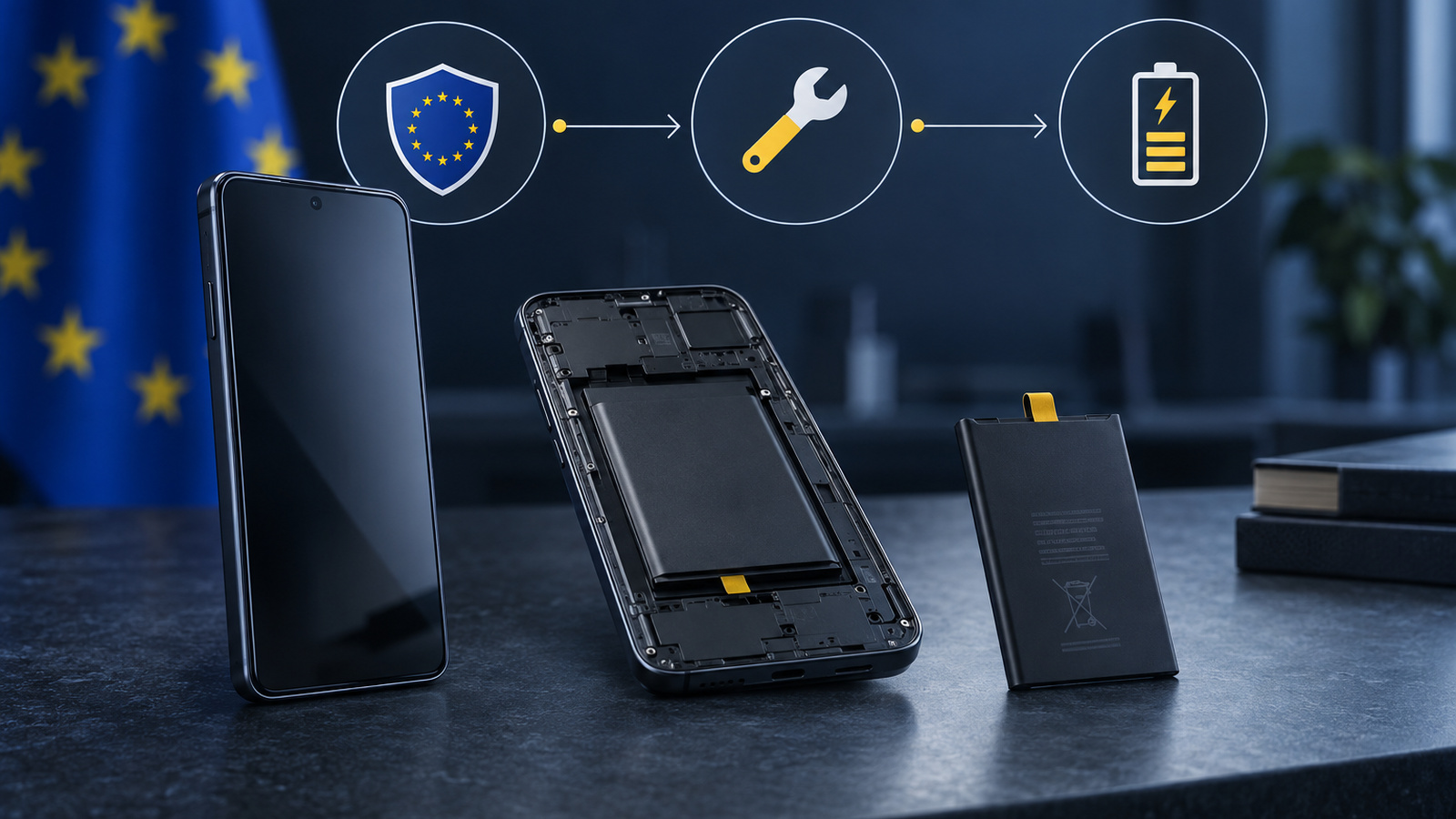 Abstract three-step timeline with shield, wrench and battery icons