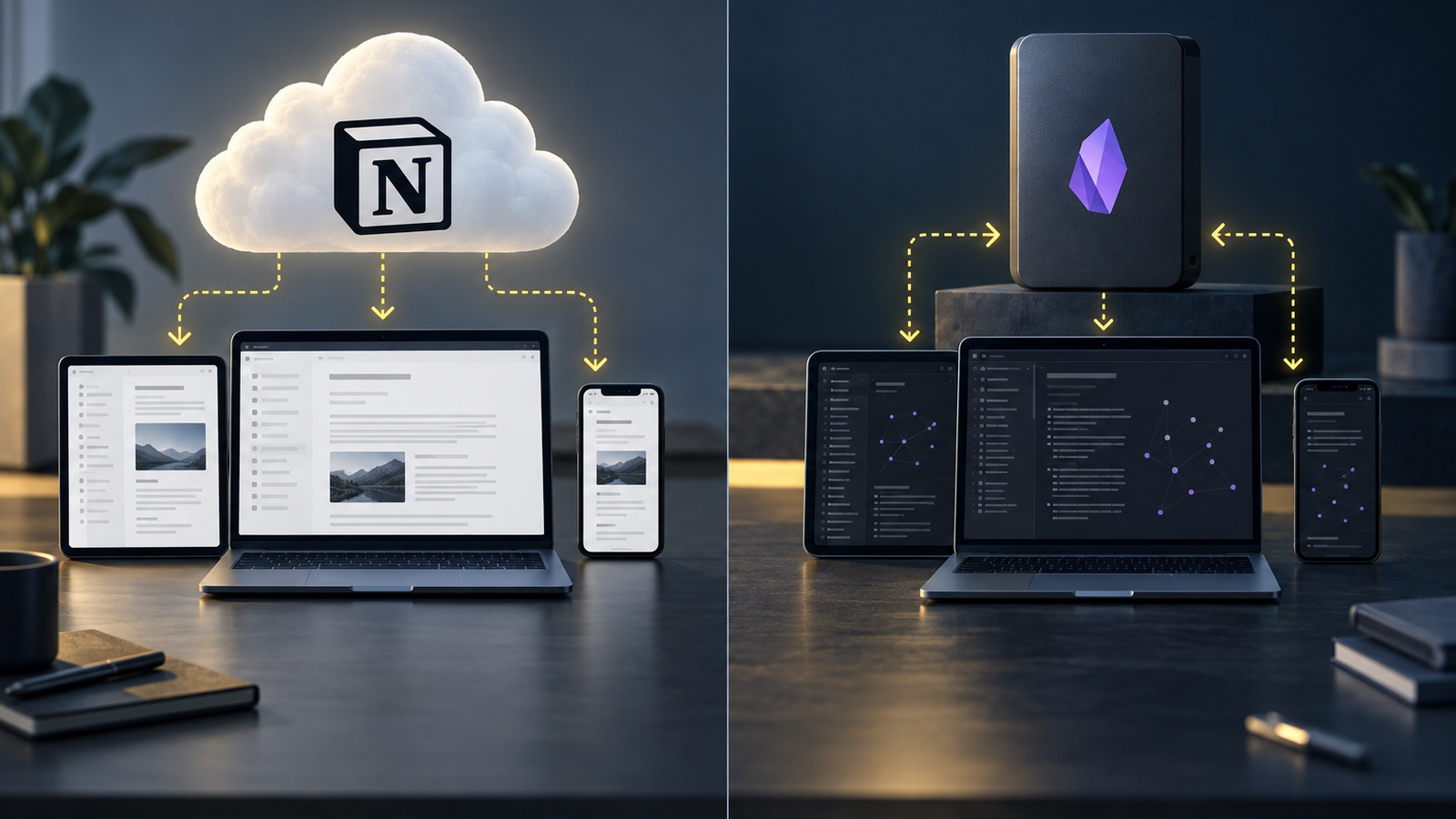 Split 3D illustration comparing cloud-stored documents with locally stored files on a drive that sync between devices