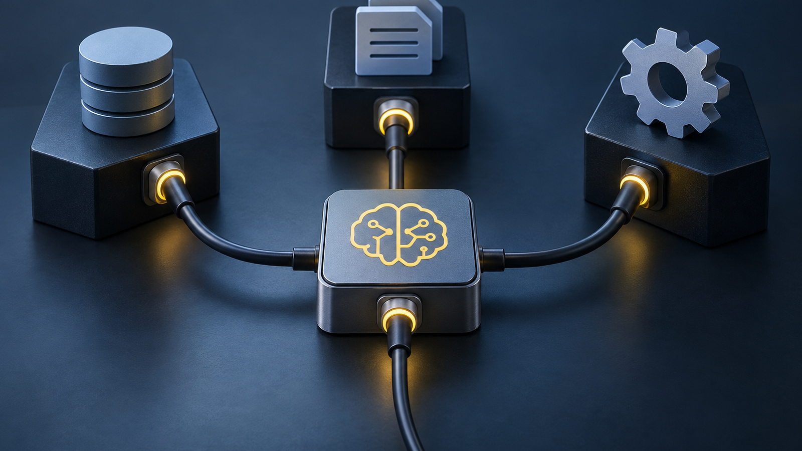 A universal connector plugging into three different blocks, illustrating how MCP standardizes connections between AI and tools