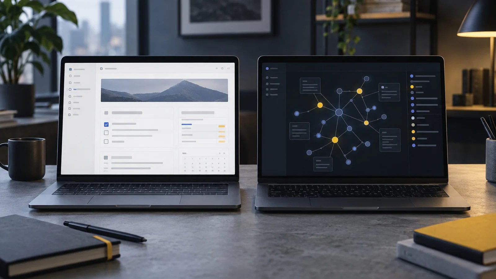 Two laptops side by side on a concrete desk, one showing a tidy block-based workspace and the other a glowing graph of connected notes