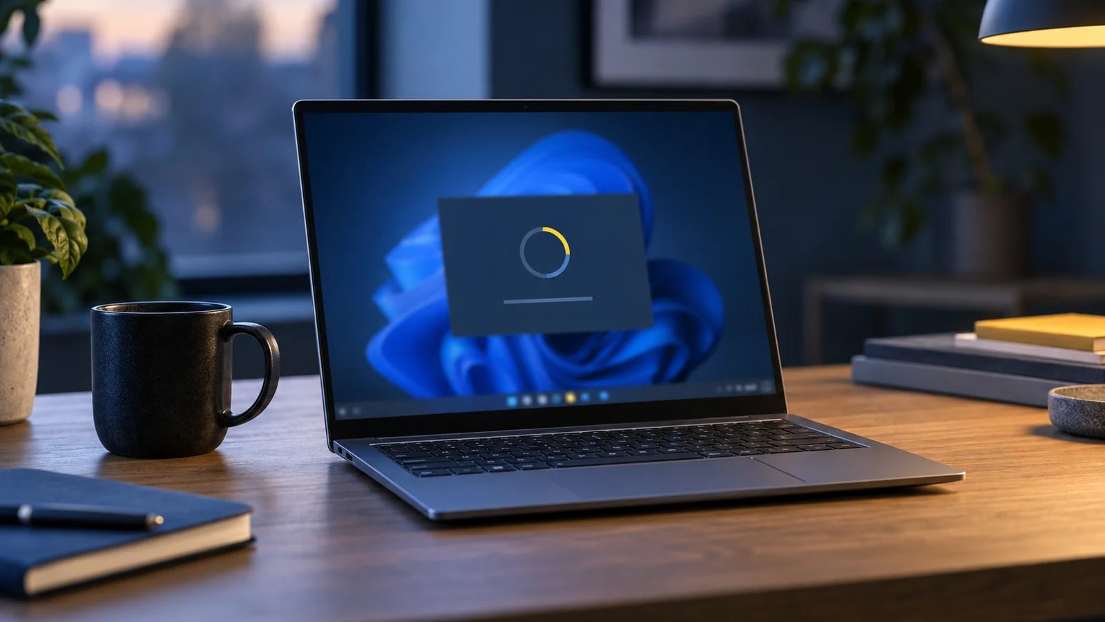 A slim laptop on an oak desk showing a blurred desktop with a small glowing progress ring, suggesting a quick update