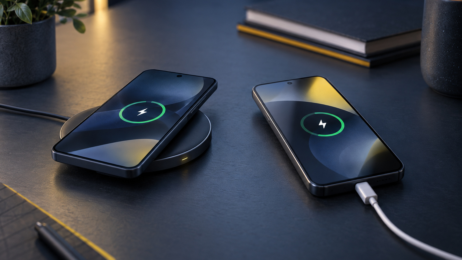 One phone charging wirelessly on a pad and another charging via cable
