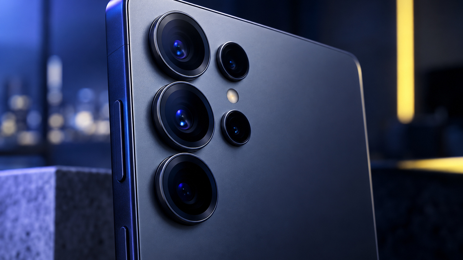 Close-up of a smartphone's multi-lens rear camera array under blue-violet studio light