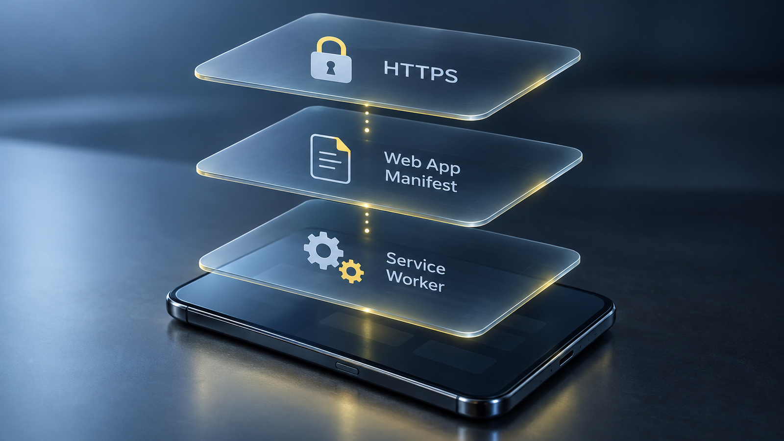 Three stacked glass panels above a phone, representing HTTPS, the web app manifest and the service worker