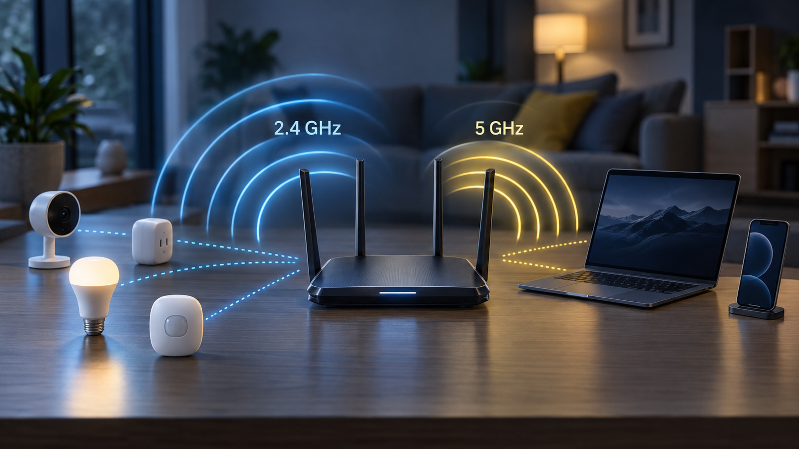 A router broadcasting a long-range 2.4 GHz band to small smart devices and a faster short-range band to a laptop and phone