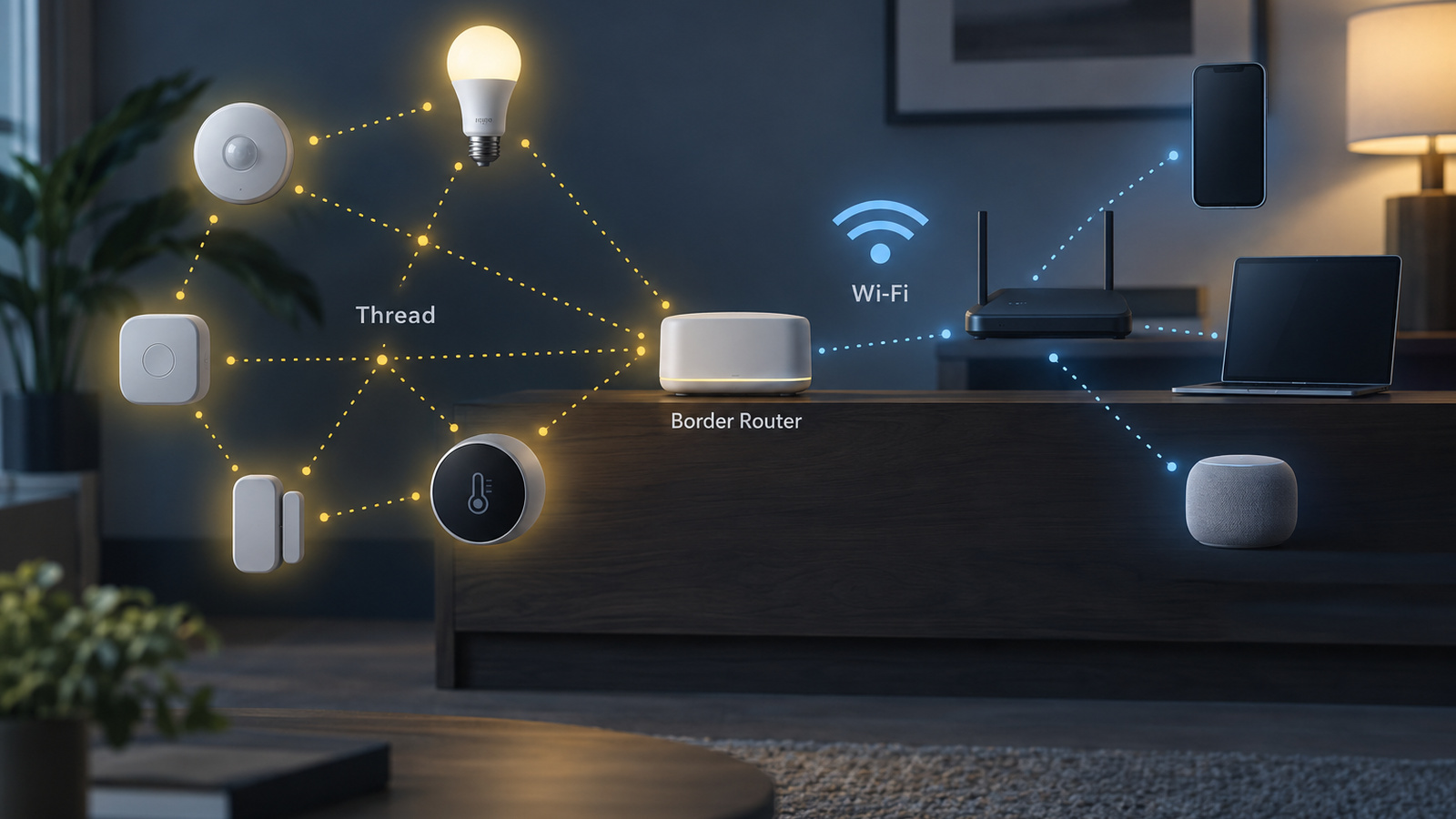 Illustration of a Thread mesh of small devices bridged to a Wi-Fi network by a border router
