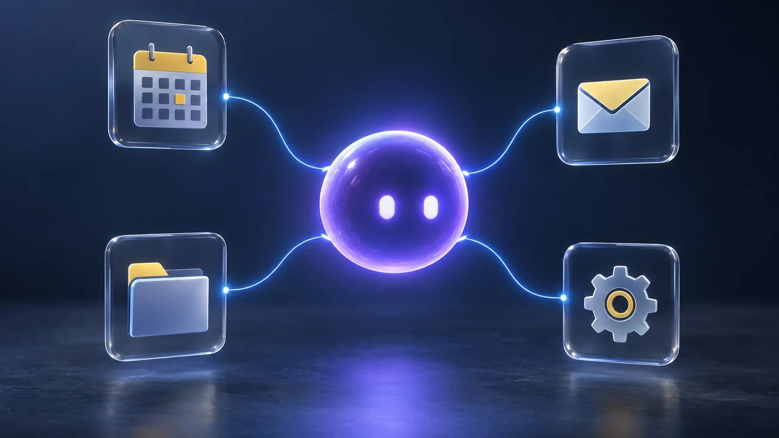 A glowing violet sphere connected by thin blue lines to floating glass icons of a calendar, an envelope, a folder and a gear