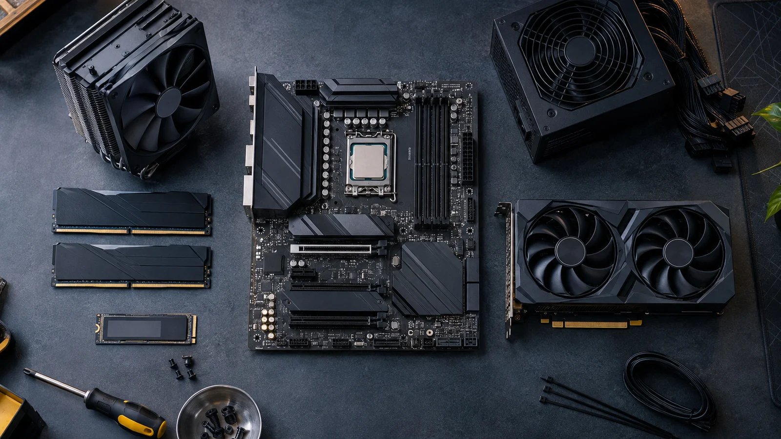 Overhead view of PC components laid out on a workbench before assembly, including a motherboard with CPU, memory, cooler, graphics card and power supply