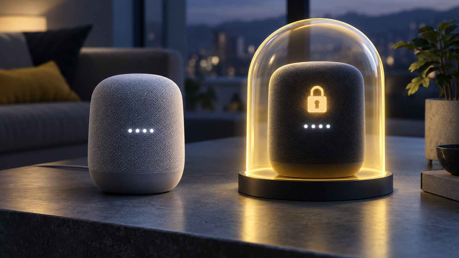 Two smart speakers, one enclosed in a glowing dome symbolizing subscription-only features