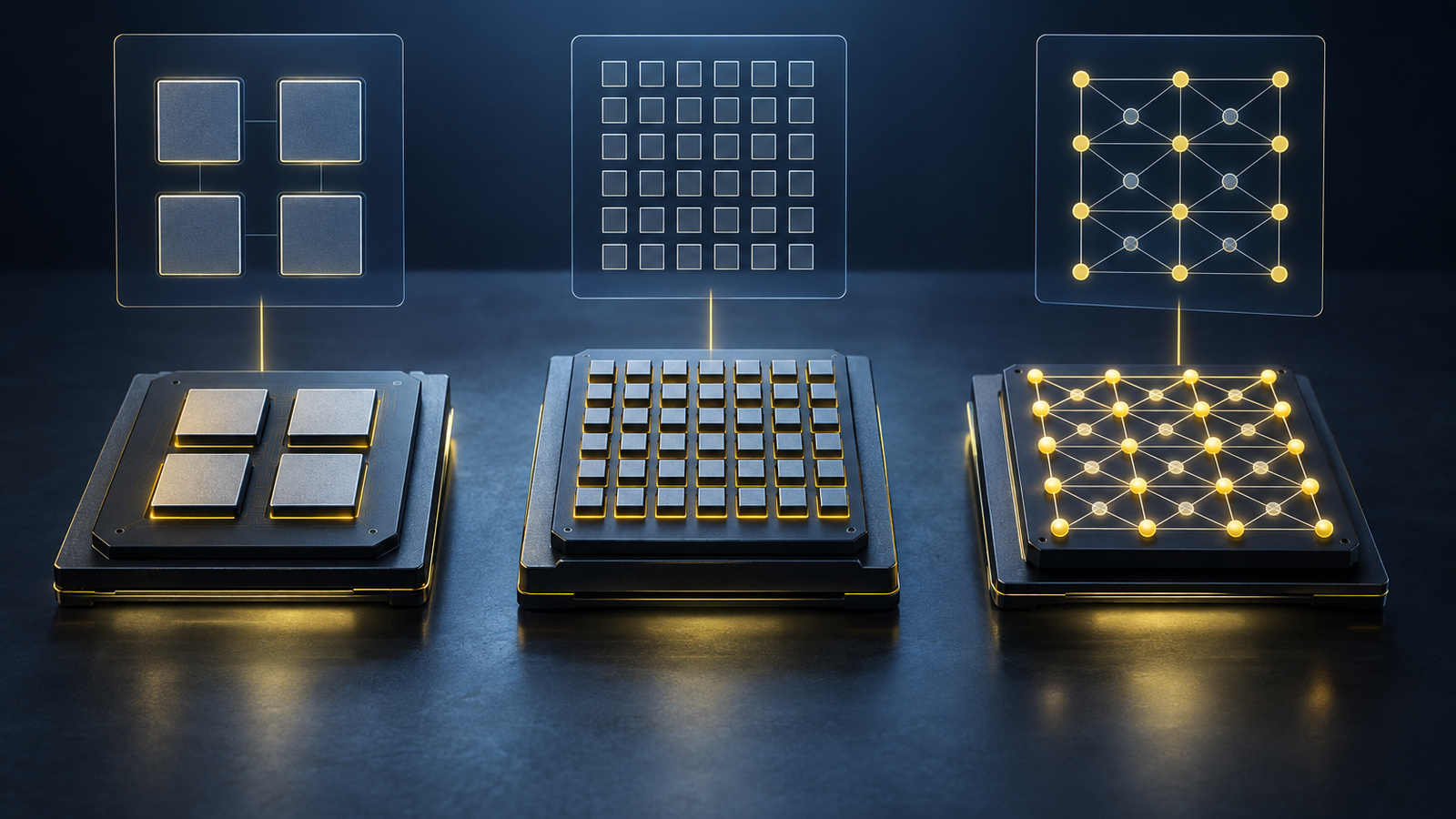 Abstract visual comparison of a CPU with a few large cores, a GPU with many small cores and an NPU with a matrix of interconnected nodes