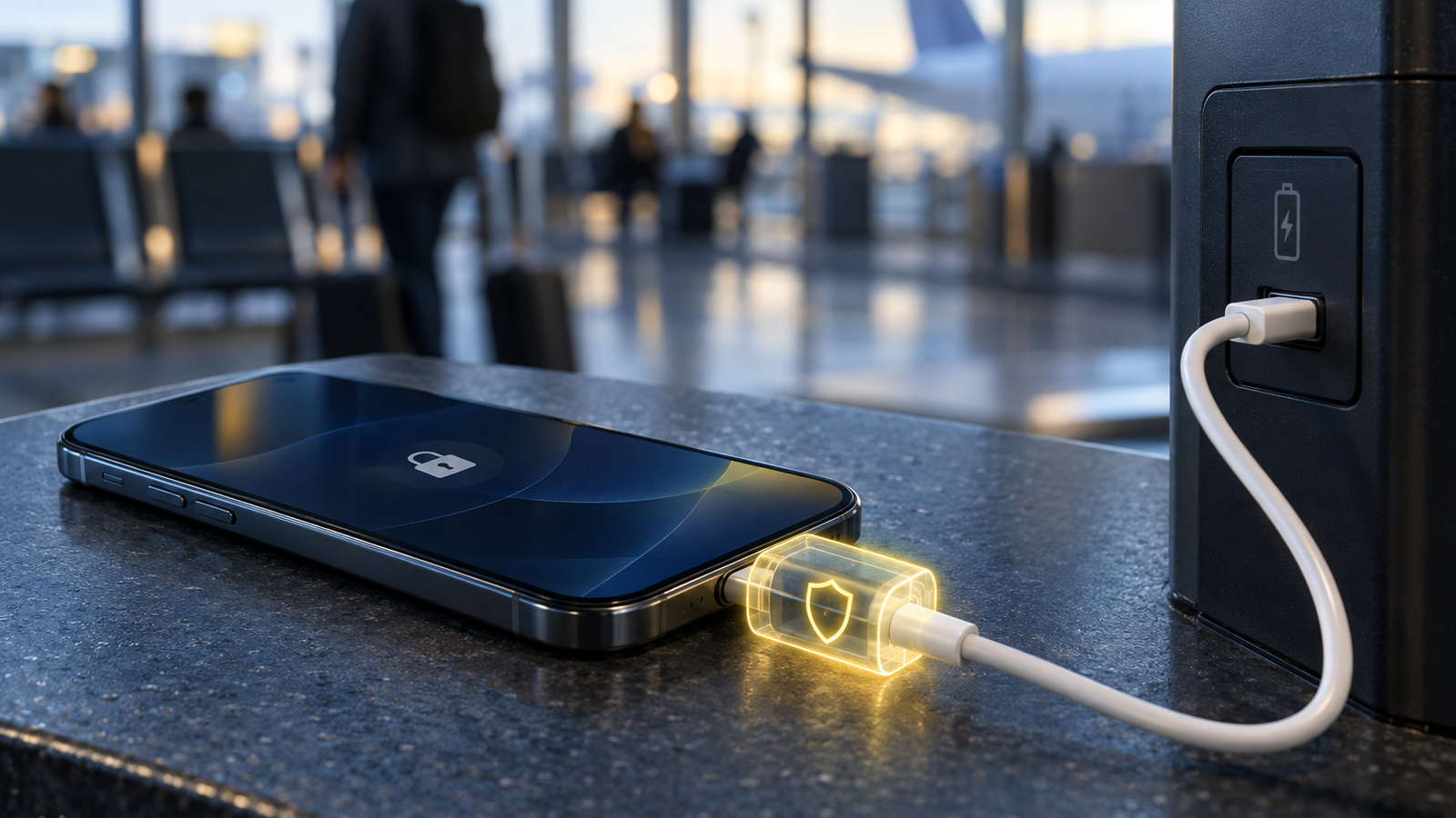 Phone plugged into a public charger with a glowing barrier between cable and port