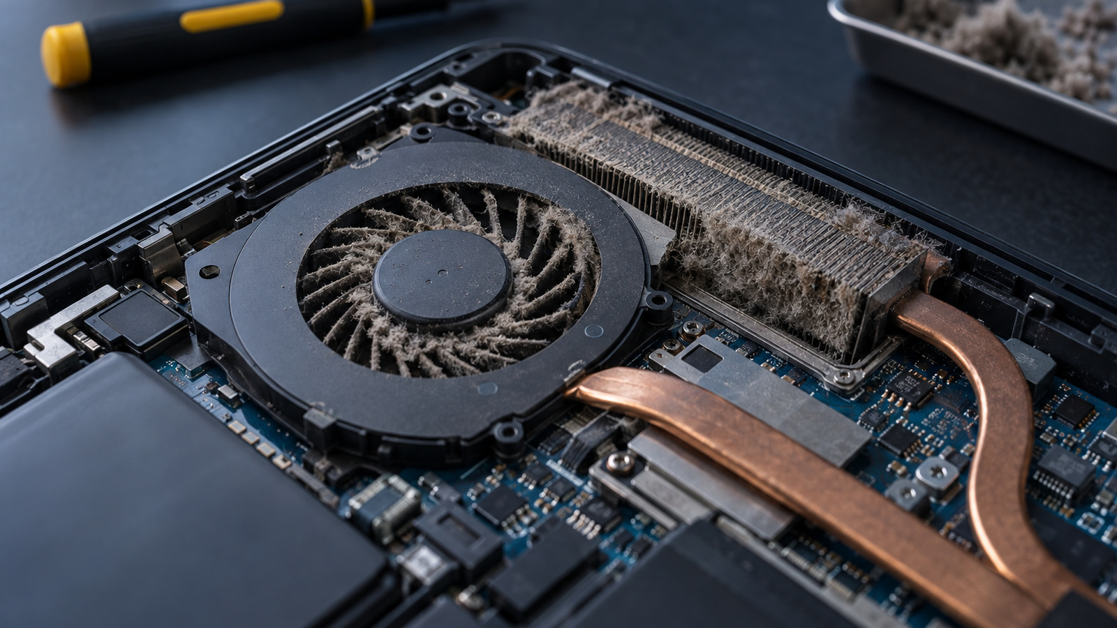 Inside of a laptop with dust clogging the cooling fan and heatsink fins