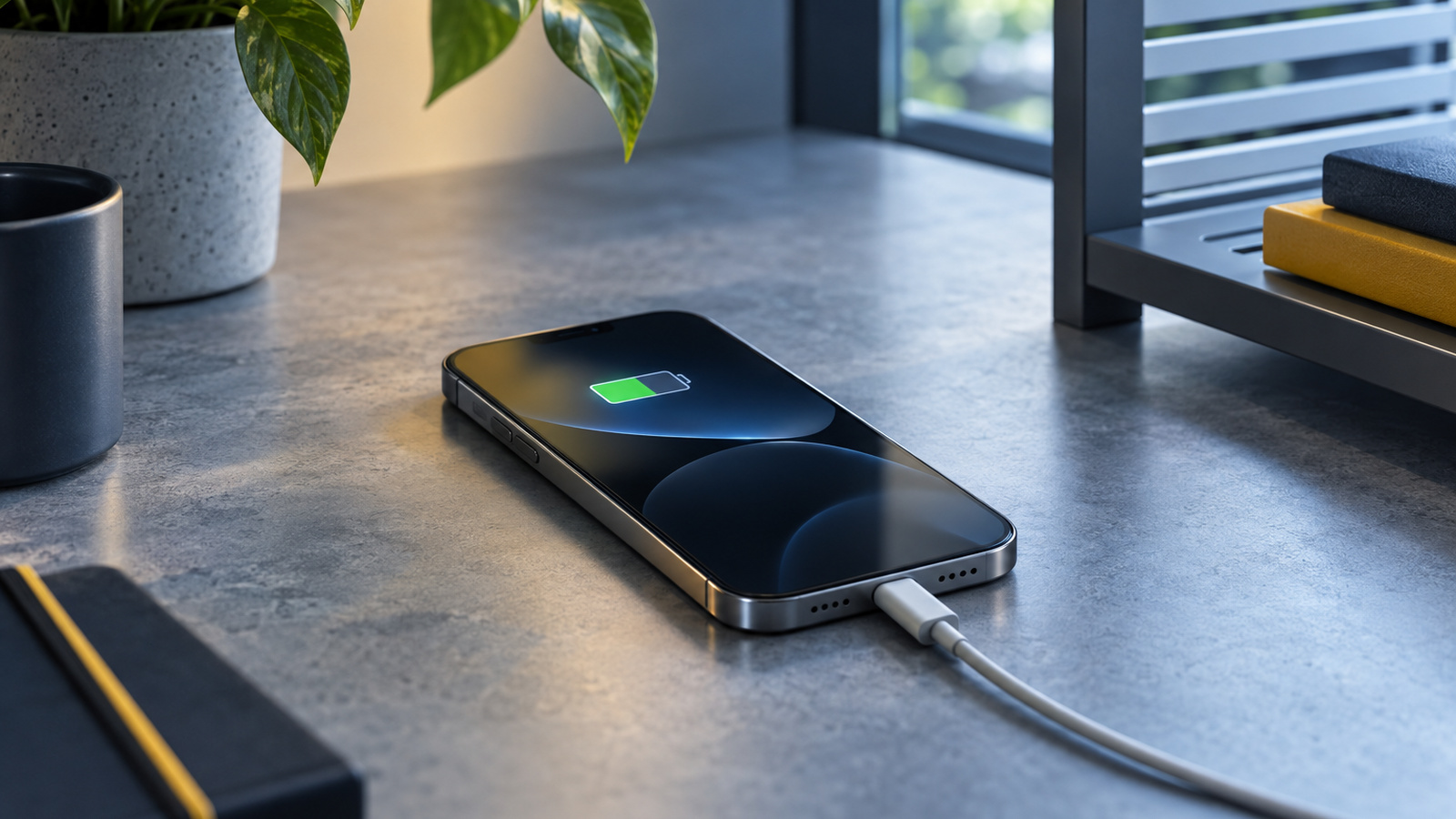 Phone charging on a cool hard surface in a ventilated space