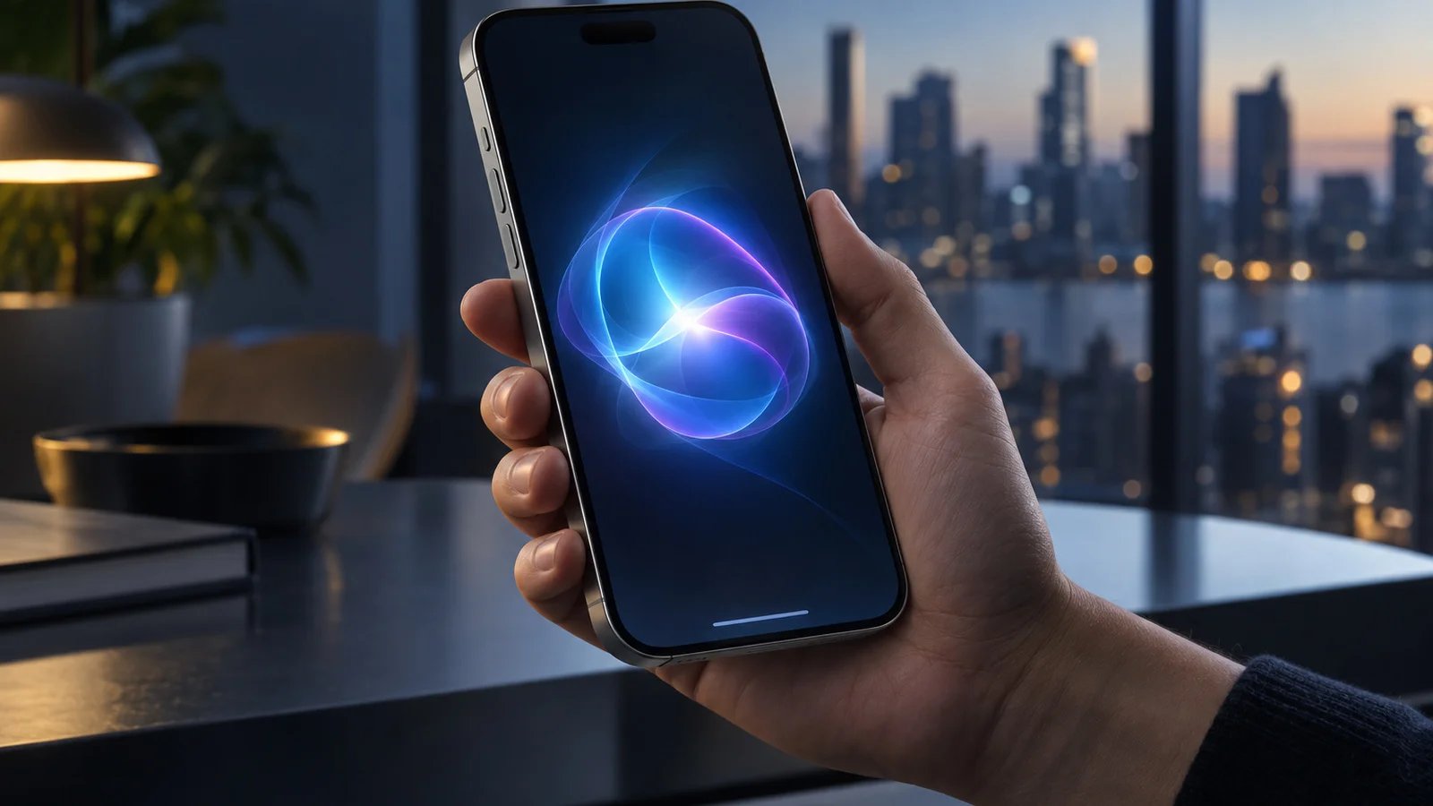 A titanium smartphone held in one hand, its screen glowing with a swirling blue and violet ribbon of light