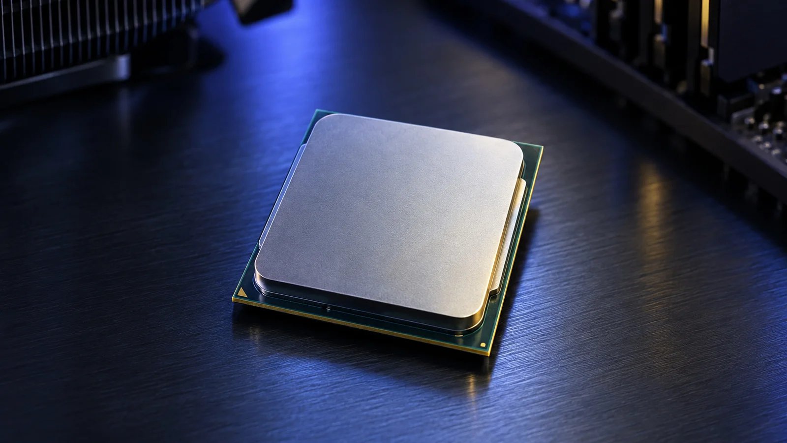 An unbranded desktop CPU with a polished metal heatspreader on a dark brushed-metal surface under blue-violet rim light