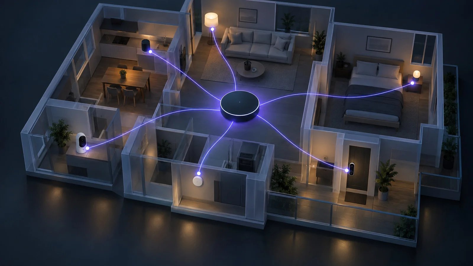 Frosted-glass apartment floor plan with smart devices linked by glowing violet threads to a central hub