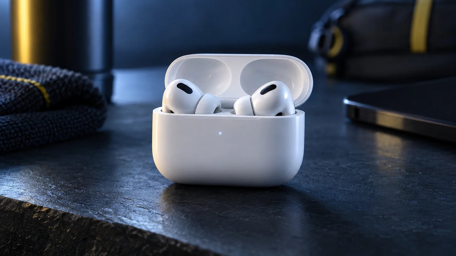 White stemmed wireless earbuds resting in an open charging case on a dark slate surface with a cool blue rim light